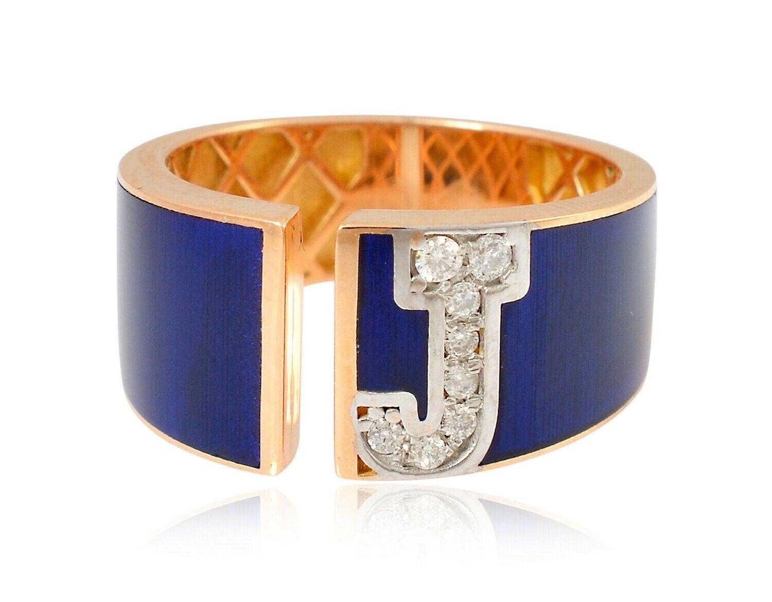 For Sale:  Custom Initial Enamel Lapis Diamond 18 Karat Gold Ring 2