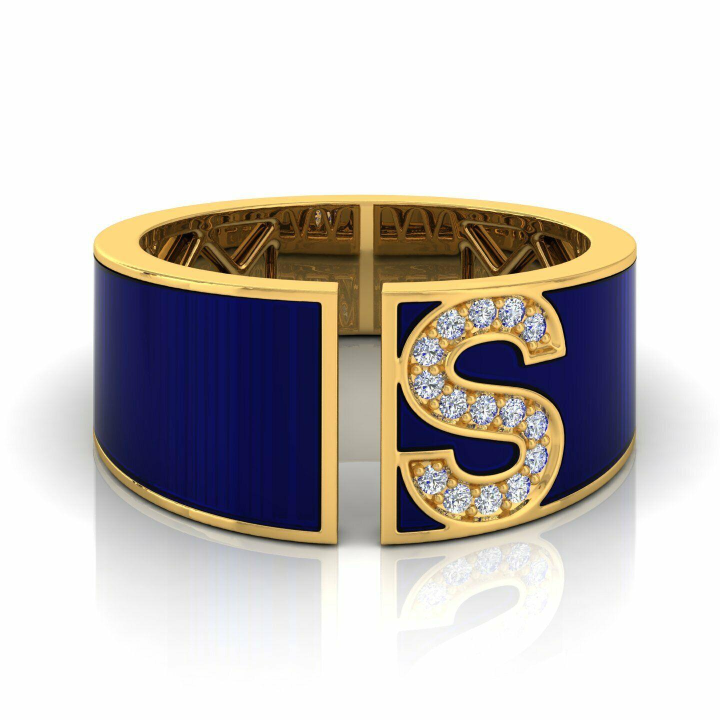 For Sale:  Custom Initial Enamel Lapis Diamond 18 Karat Gold Ring 5