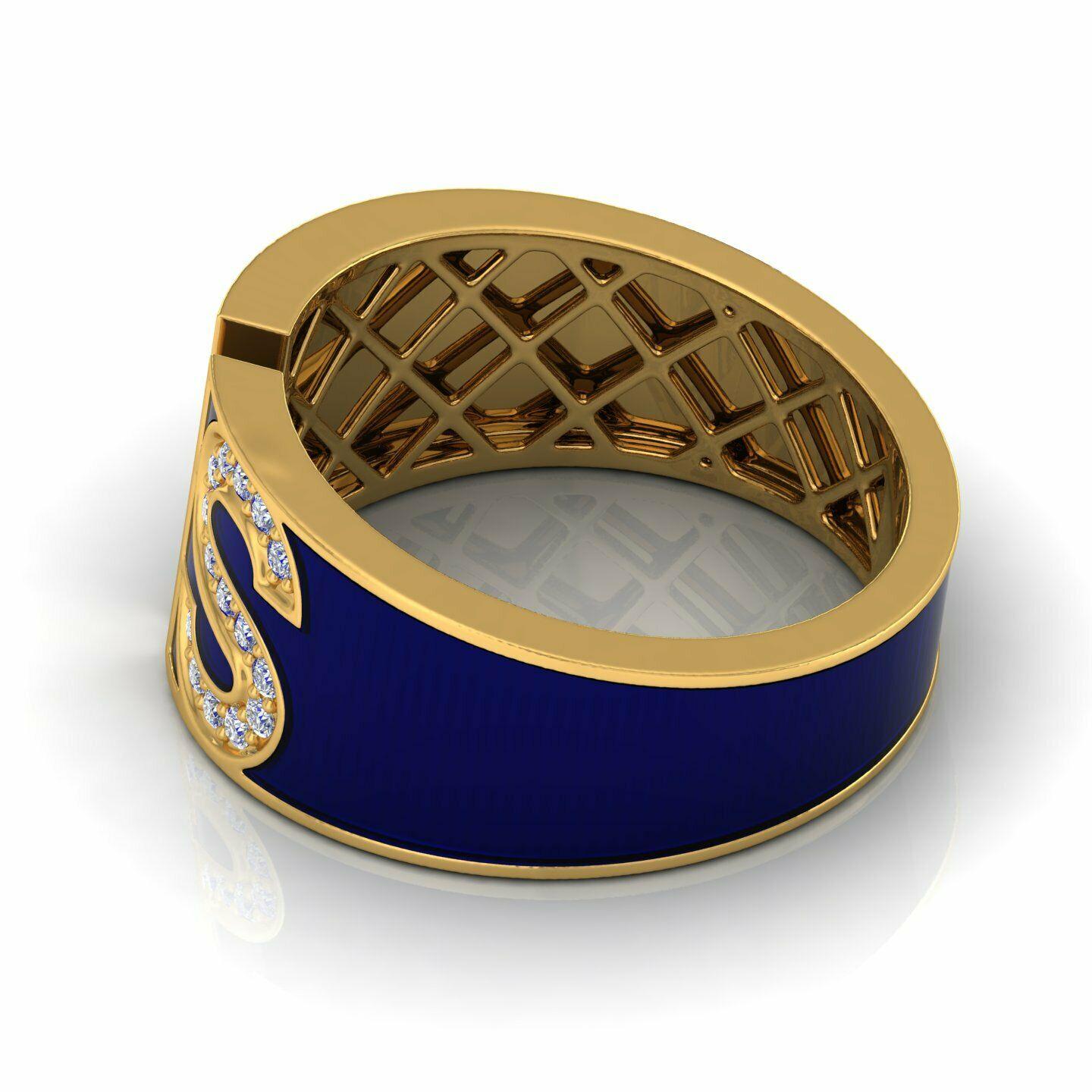 For Sale:  Custom Initial Enamel Lapis Diamond 18 Karat Gold Ring 6