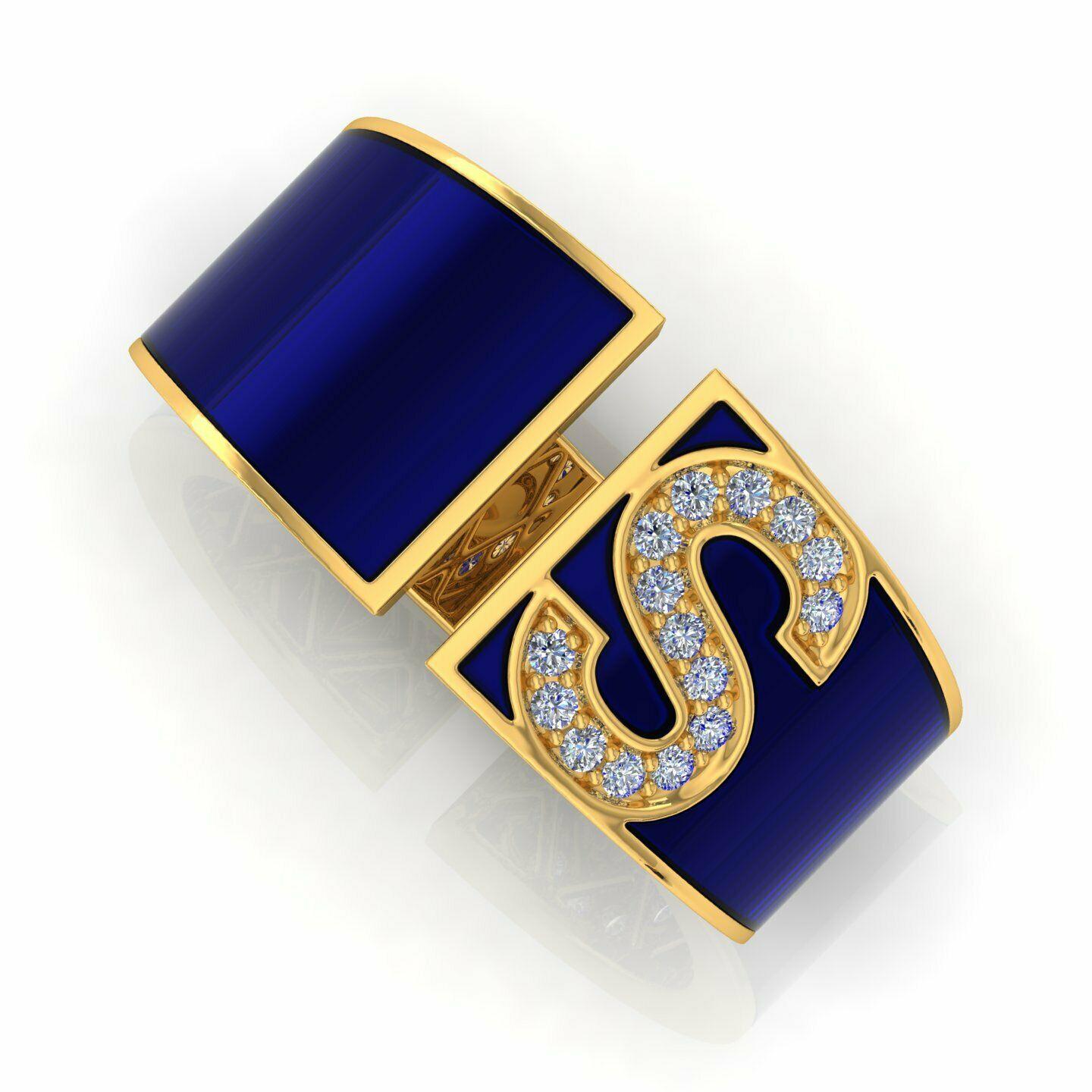 For Sale:  Custom Initial Enamel Lapis Diamond 18 Karat Gold Ring 7