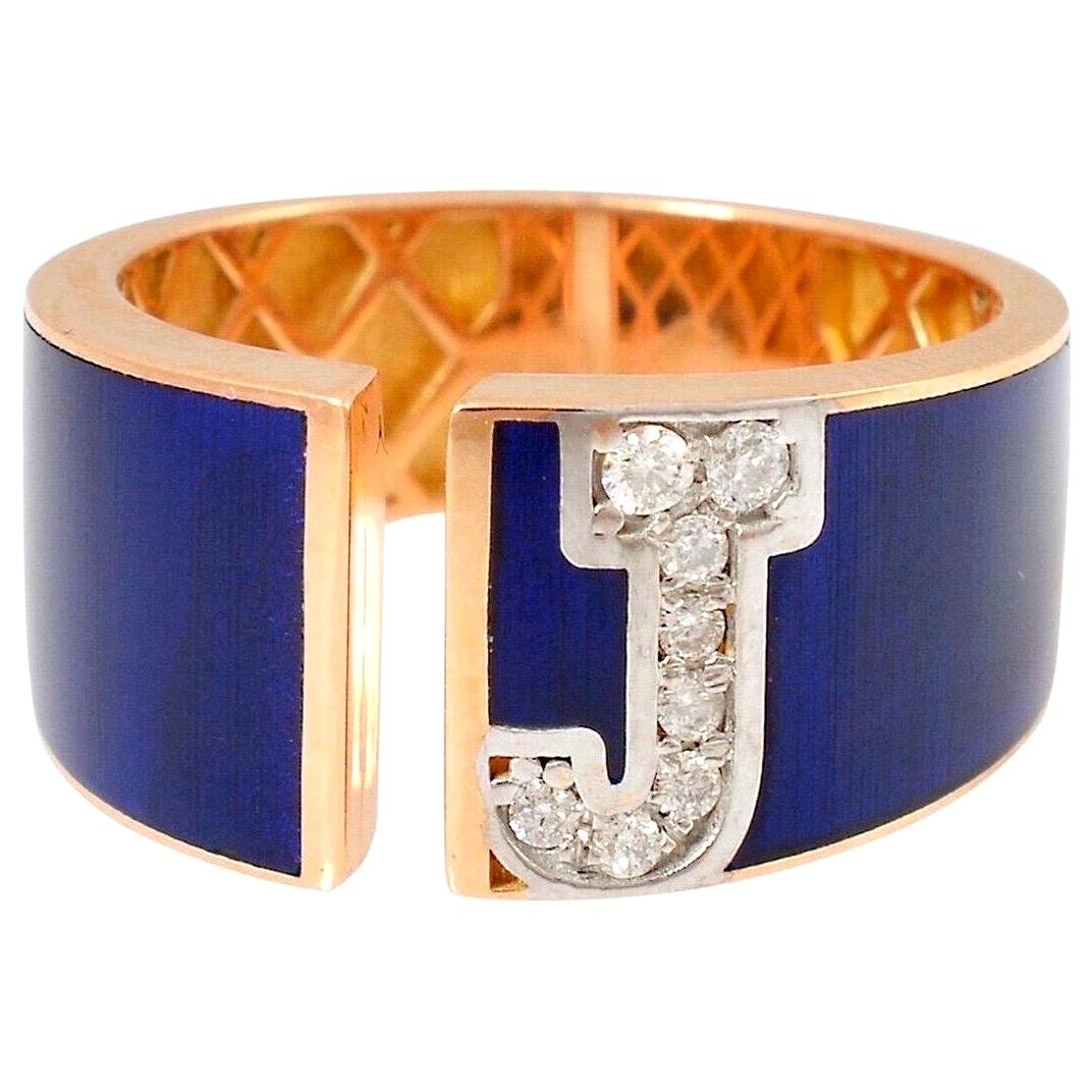 For Sale:  Custom Initial Enamel Lapis Diamond 18 Karat Gold Ring