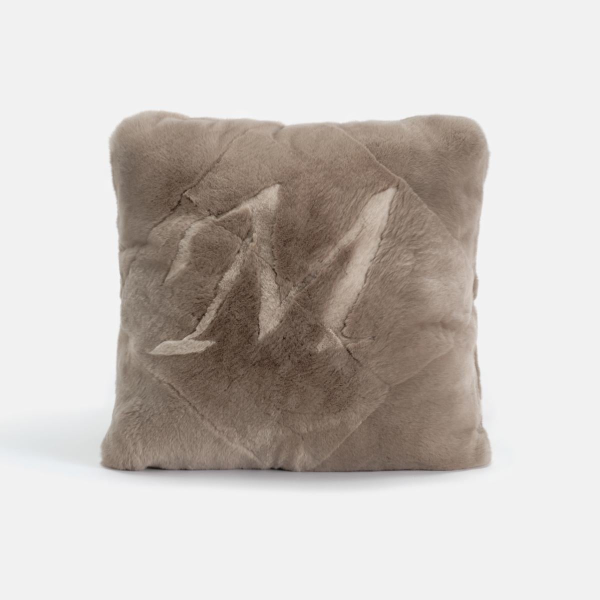 Italian Custom Intarsia Letter Beige Superior Lapin Fur Pillow Cushion by Muchi Decor For Sale