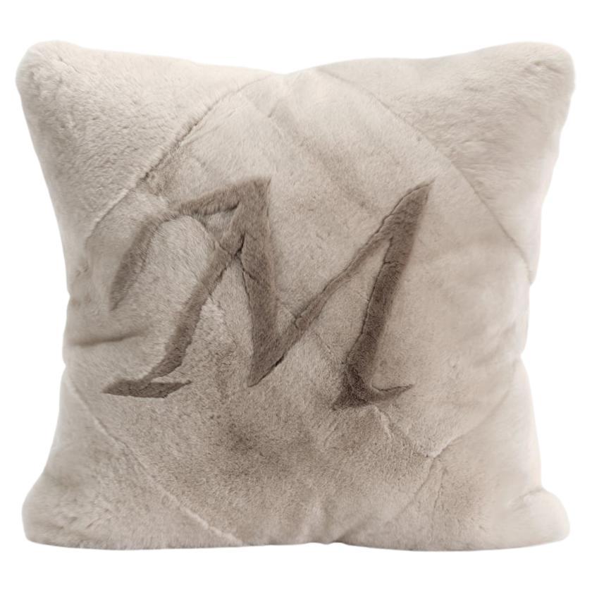 Custom Intarsia Letter Beige Superior Lapin Fur Pillow Cushion by Muchi Decor For Sale