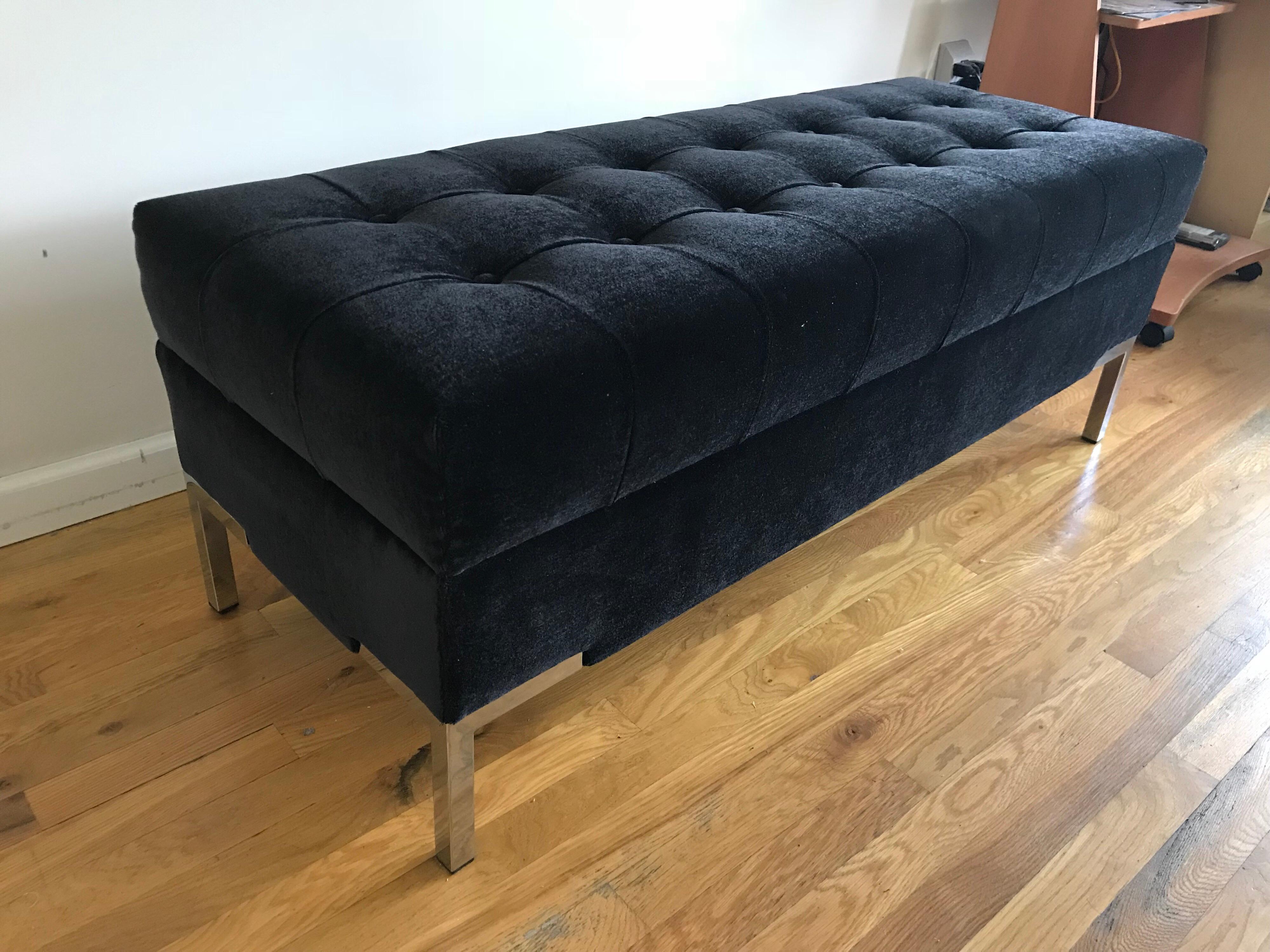 Custom integrated leg Portulaca bench, shown in rich charcoal mohair, with buttons and seaming. Available in any size custom made to order COM. Legs can be brass, nickel or chrome can be bought in pairs or as a single. 8 week lead time.