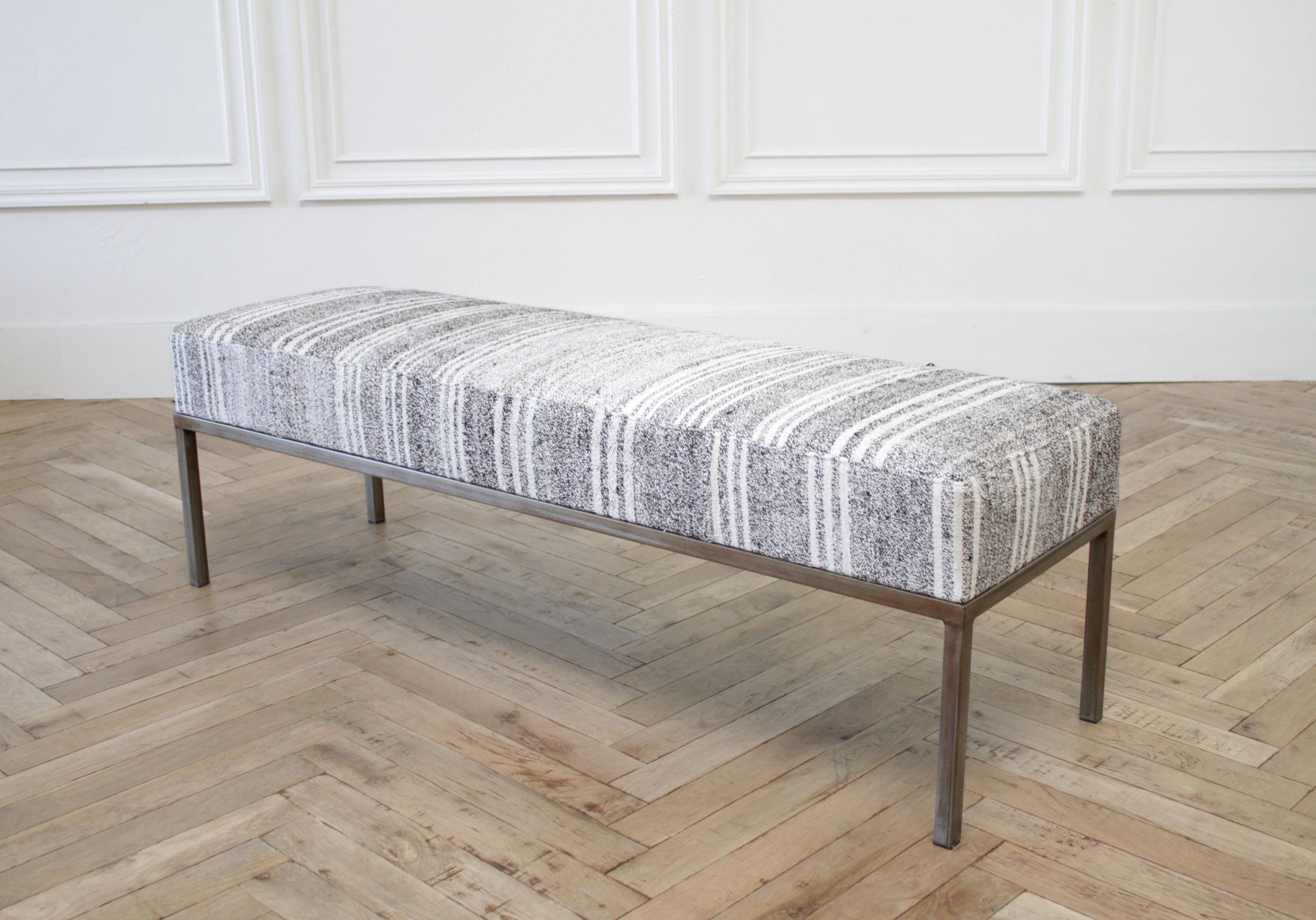 American Custom Iron and Upholstered Bench with Vintage Turkish Rug