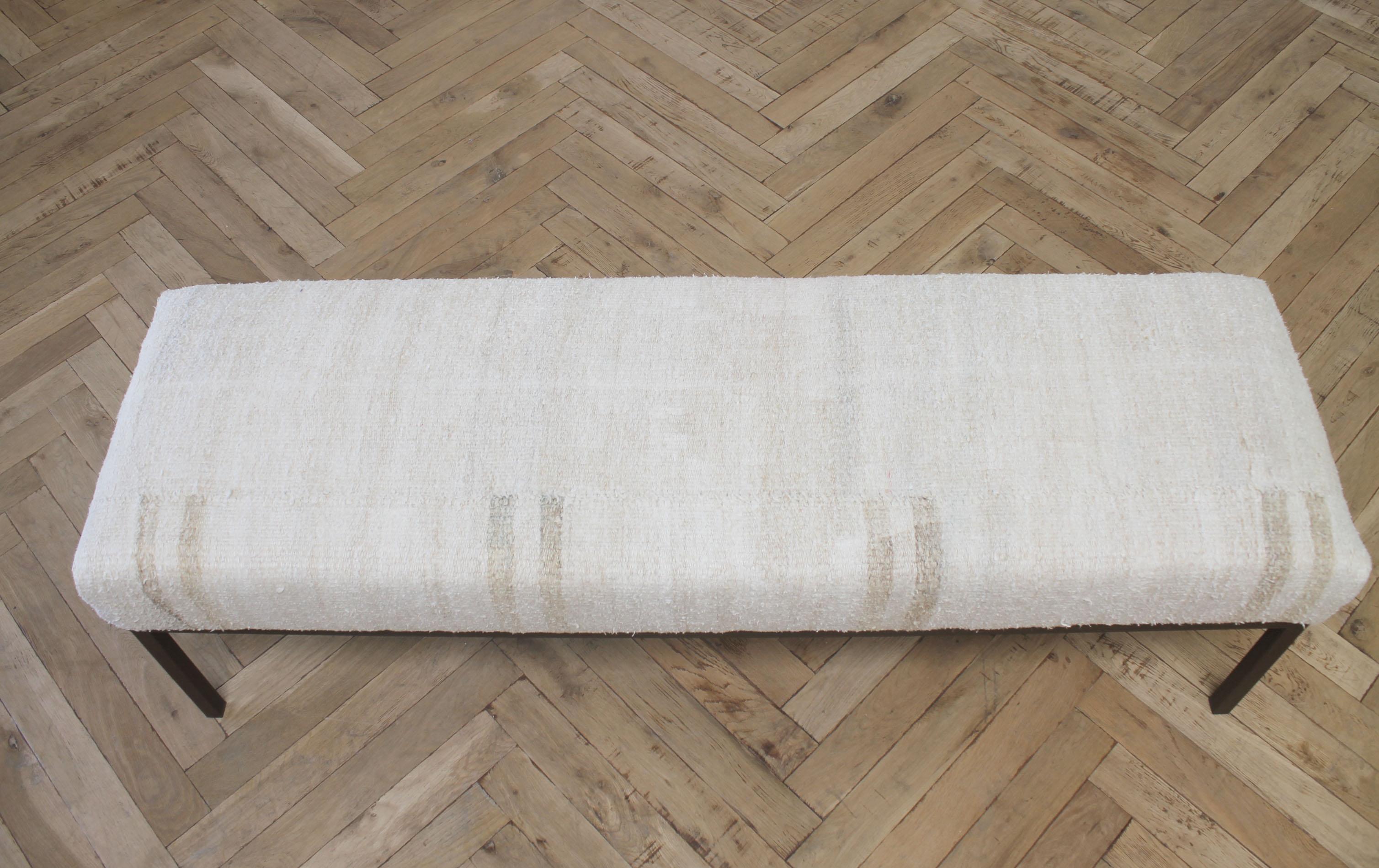 Contemporary Custom Iron and Vintage Rug Upholstered Bench