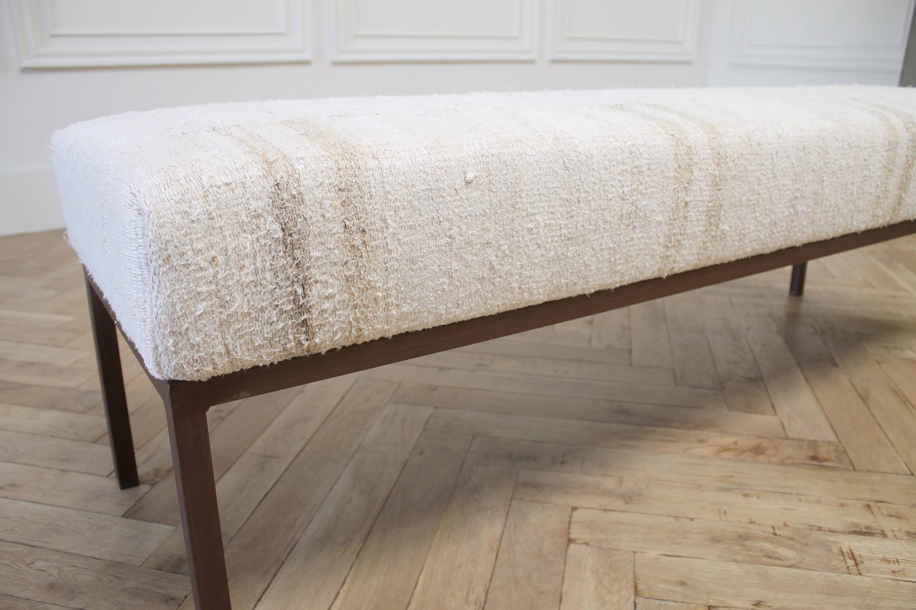 Wool Custom Iron and Vintage Rug Upholstered Bench