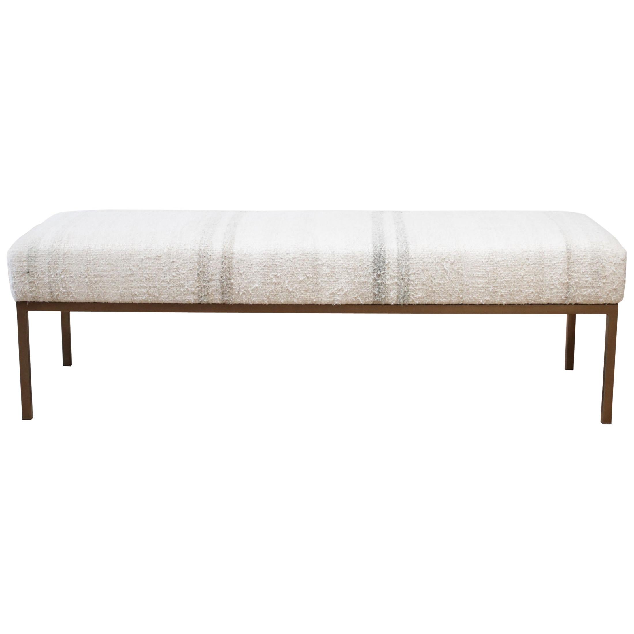 Custom Iron and Vintage Rug Upholstered Bench Ottoman