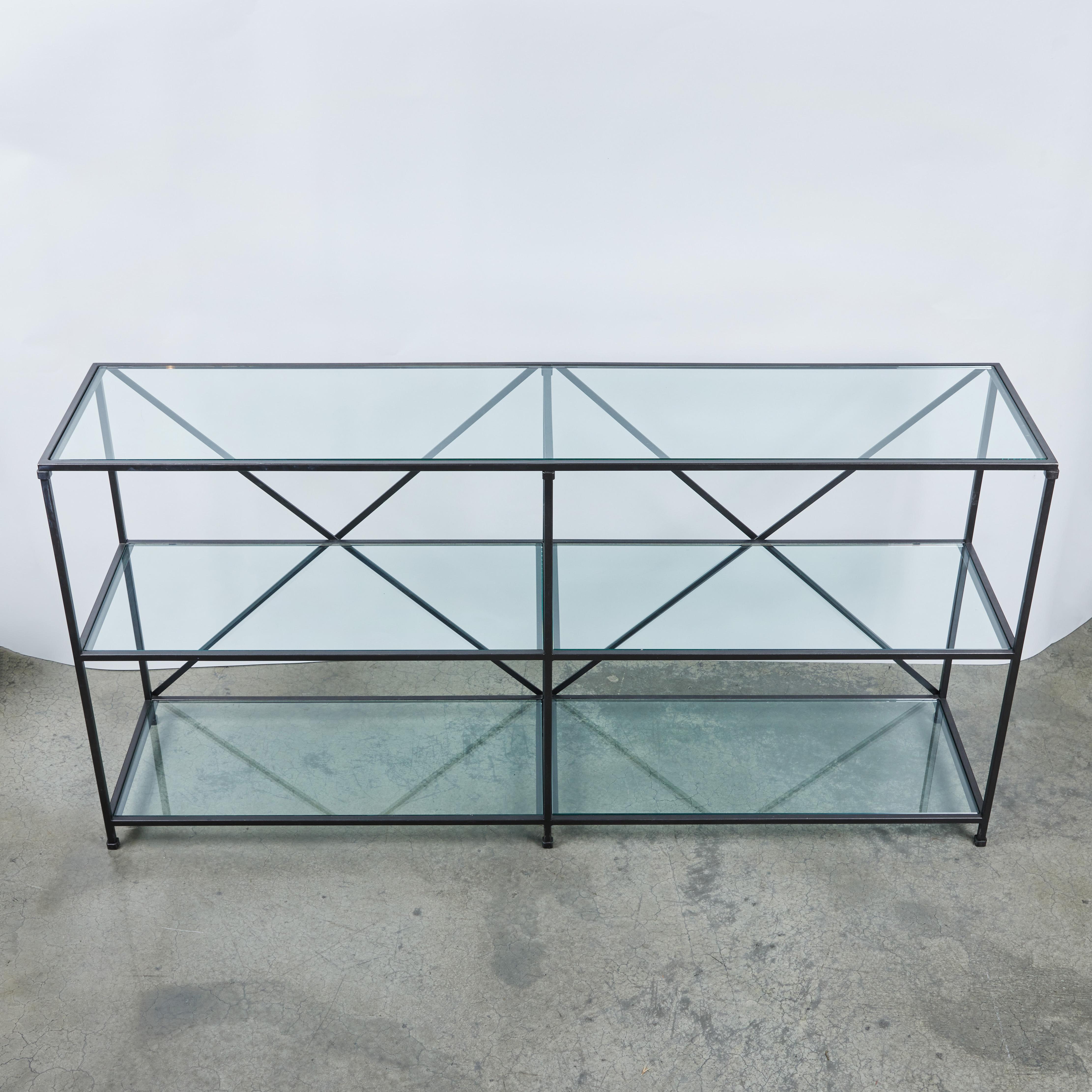 Contemporary Custom Iron + Glass 3-tier Standing Display Shelf For Sale