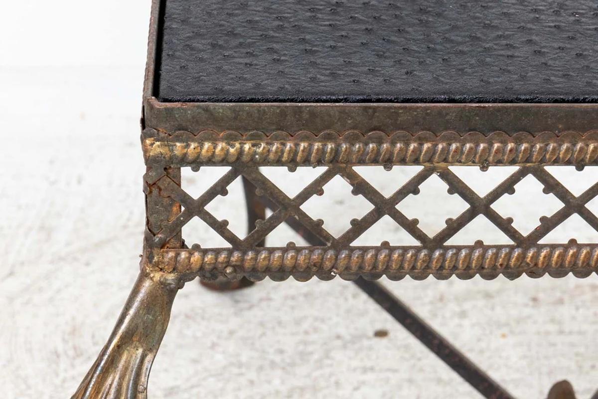 Hollywood Regency Custom Iron Table with Faux Leather Top For Sale