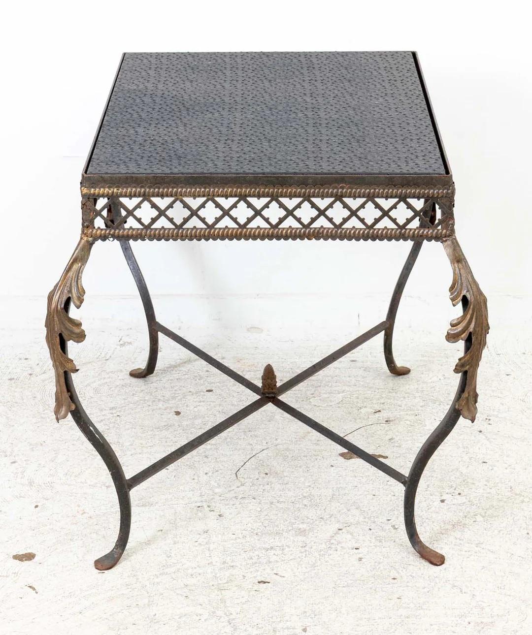 Custom Iron Table with Faux Leather Top In Good Condition For Sale In New York, NY