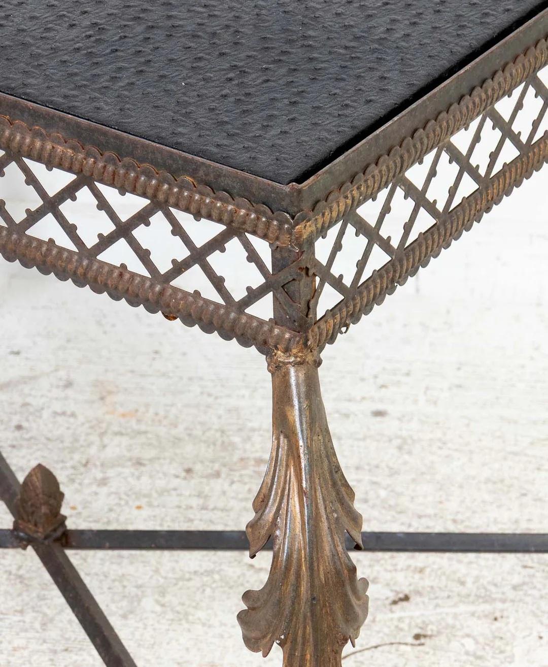 20th Century Custom Iron Table with Faux Leather Top For Sale