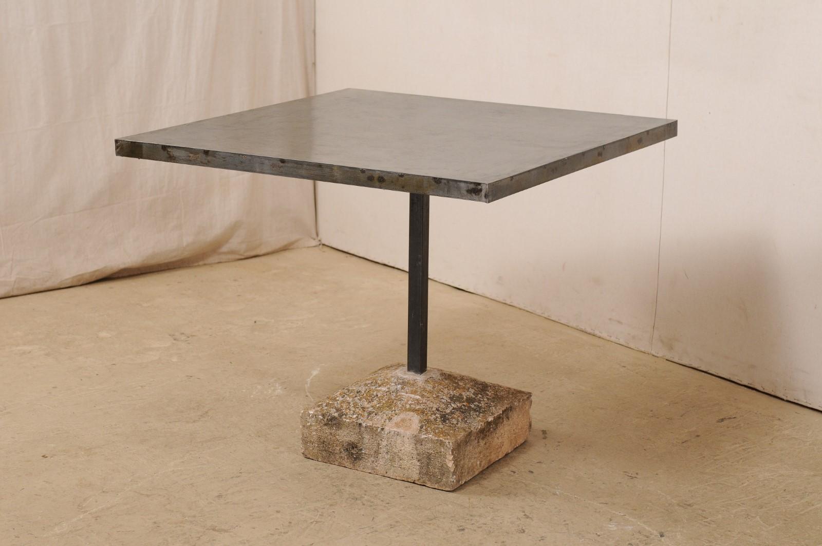 Hand-Carved Custom Iron Top Table on 19th Century Spanish Stone Plinth Base