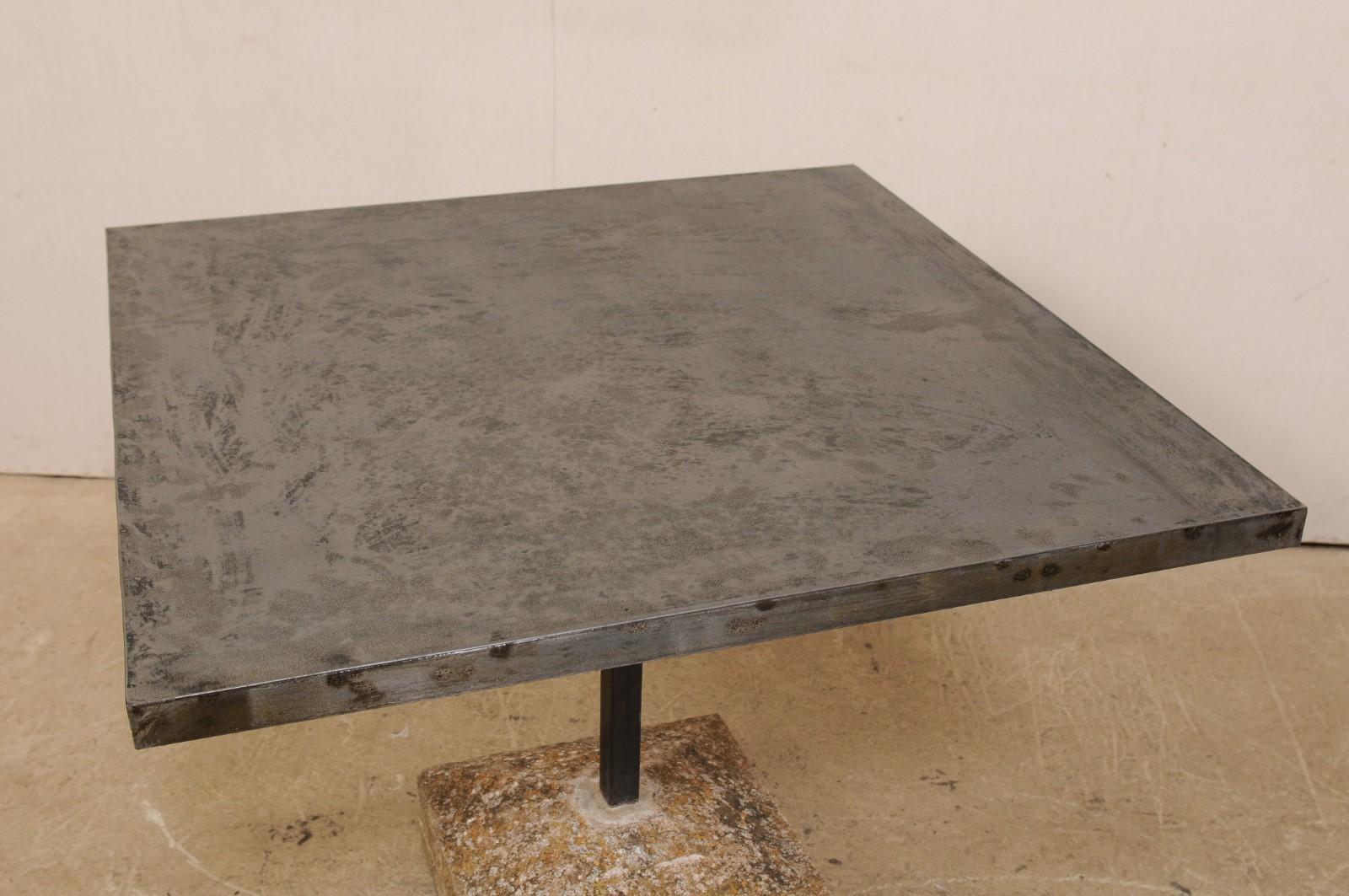 Custom Iron Top Table on 19th Century Spanish Stone Plinth Base In Good Condition In Atlanta, GA