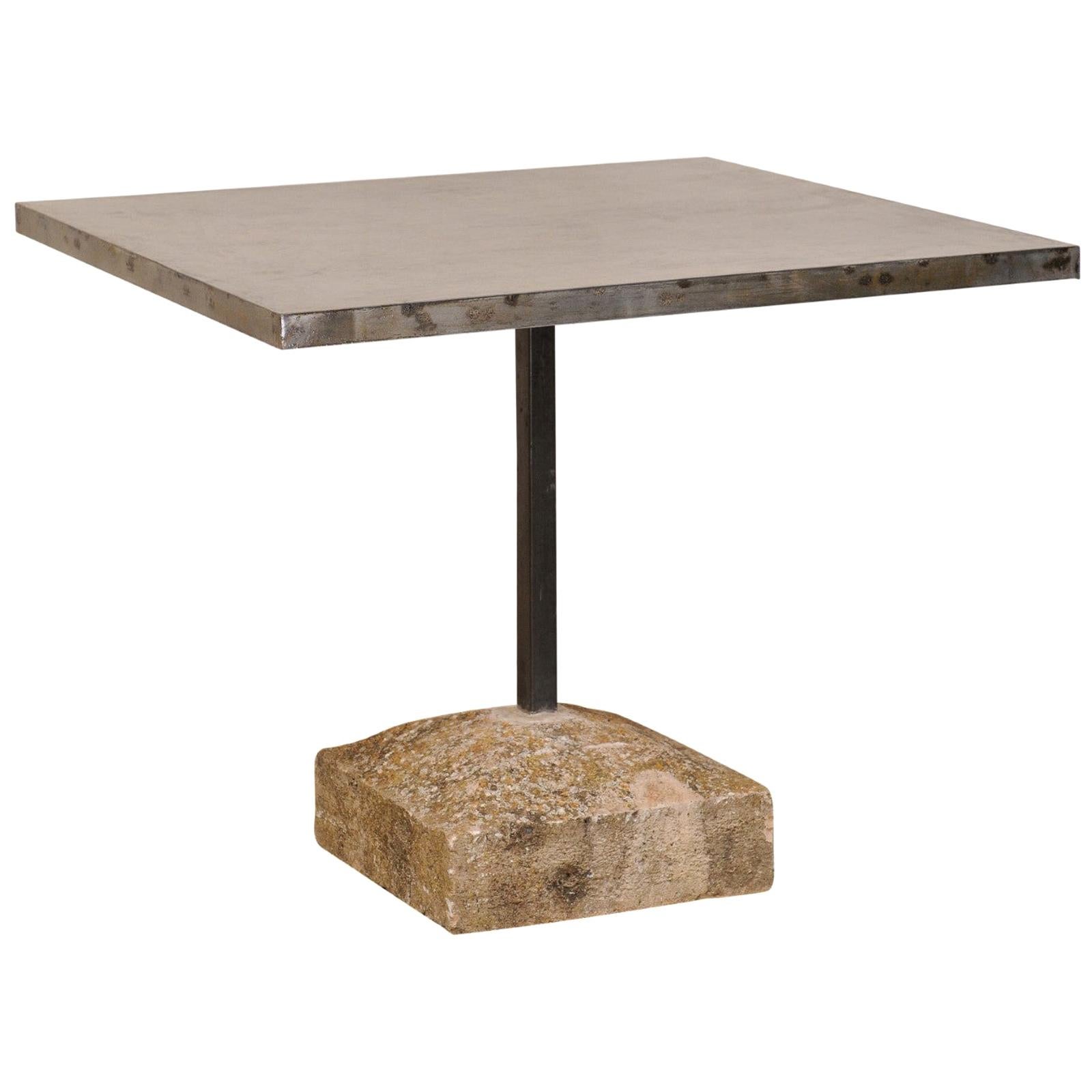 Custom Iron Top Table on 19th Century Spanish Stone Plinth Base