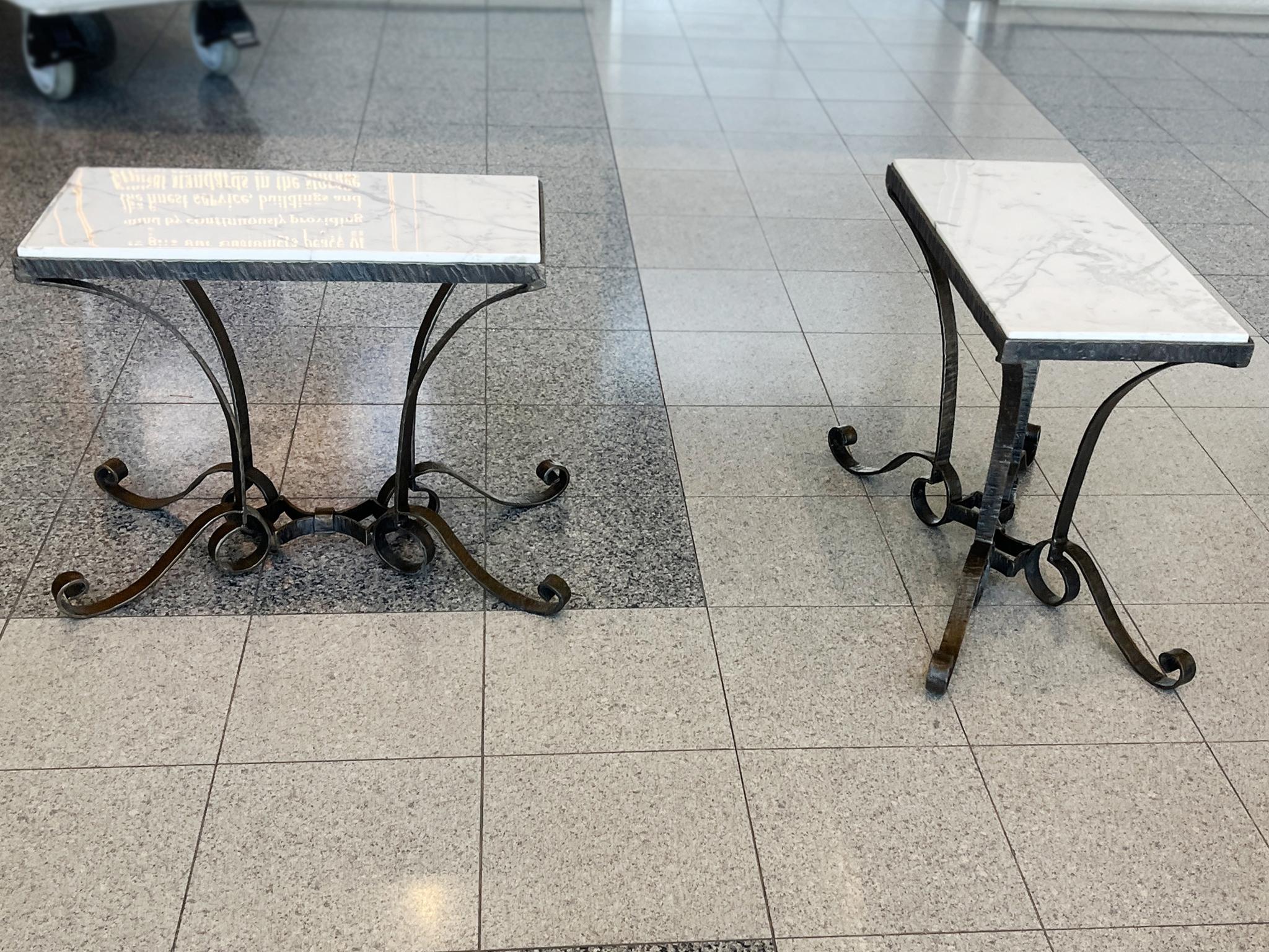 Art Deco Custom Iron & White Carrara Marble Side Tables in the Style of René Drouet - A P For Sale