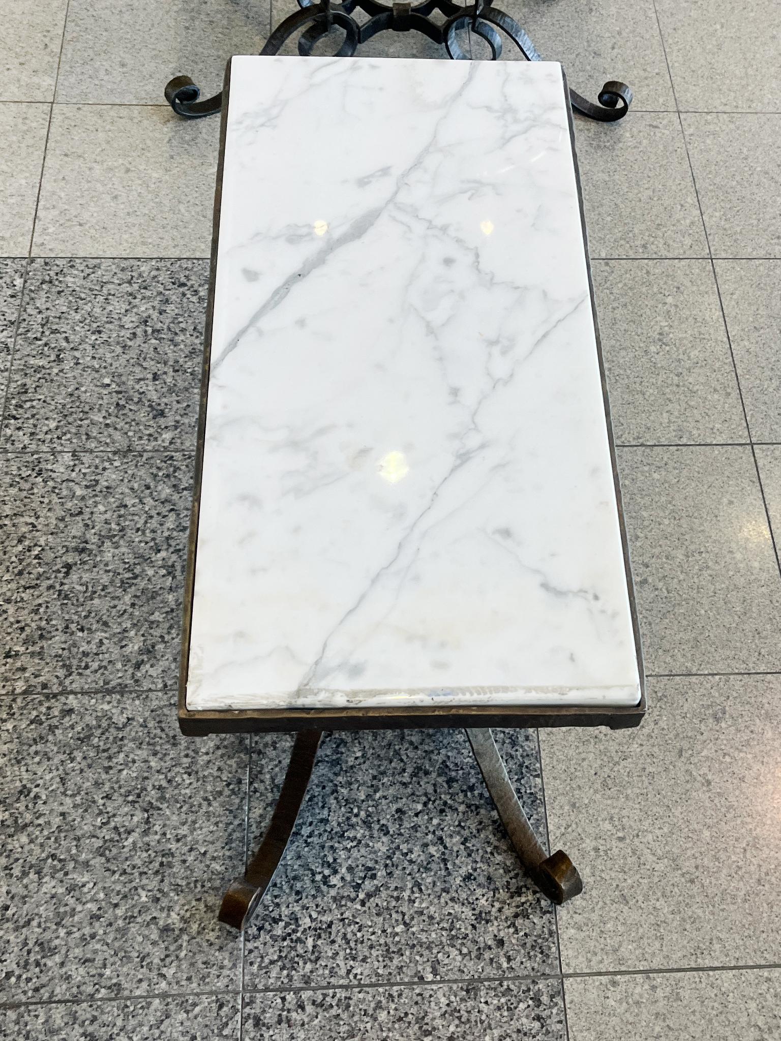 Custom Iron & White Carrara Marble Side Tables in the Style of René Drouet - A P In New Condition For Sale In New York, NY