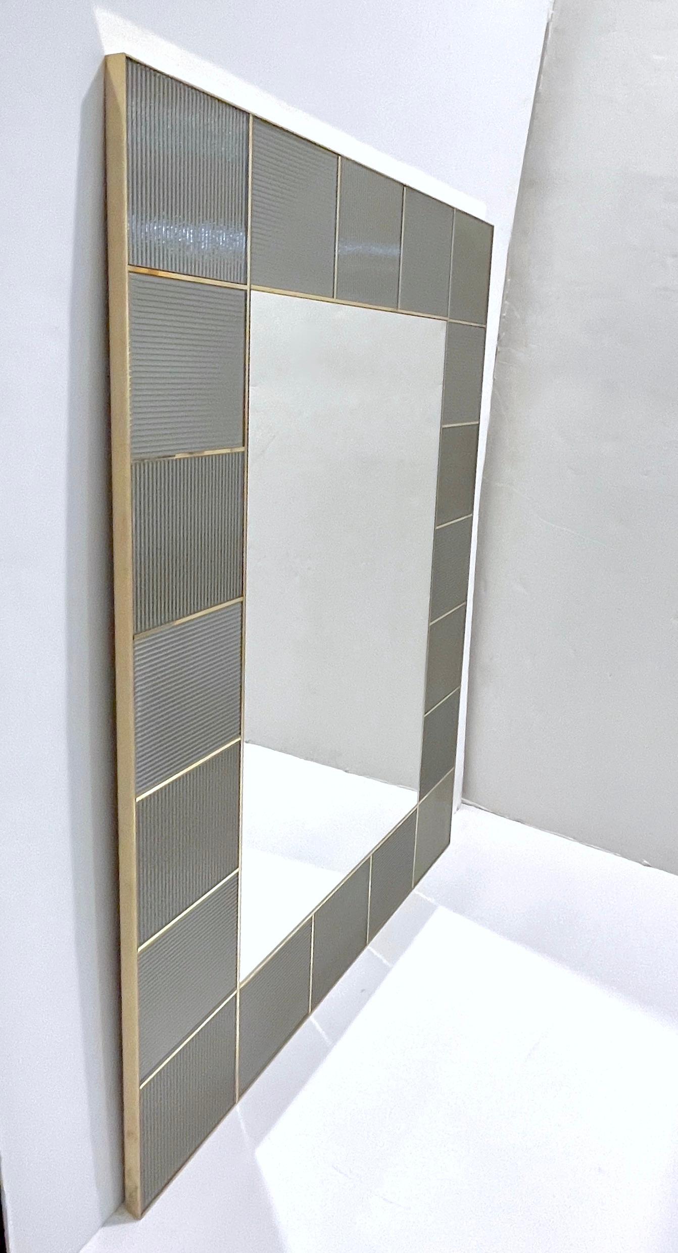 Custom Italian Art Deco Silver Gray Murano Glass Geometric Tile Brass Mirror For Sale 4