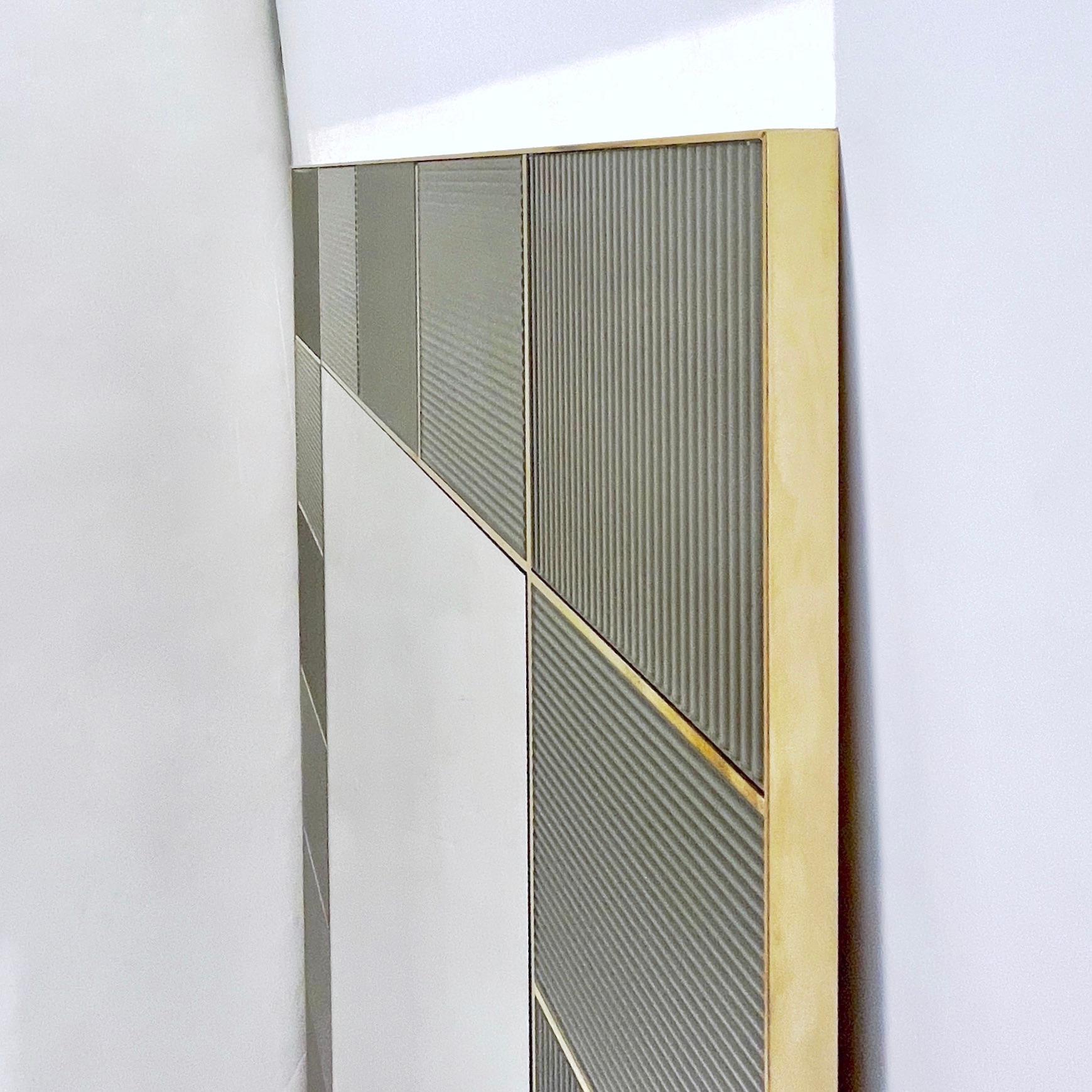 Custom Italian Art Deco Silver Gray Murano Glass Geometric Tile Brass Mirror For Sale 2