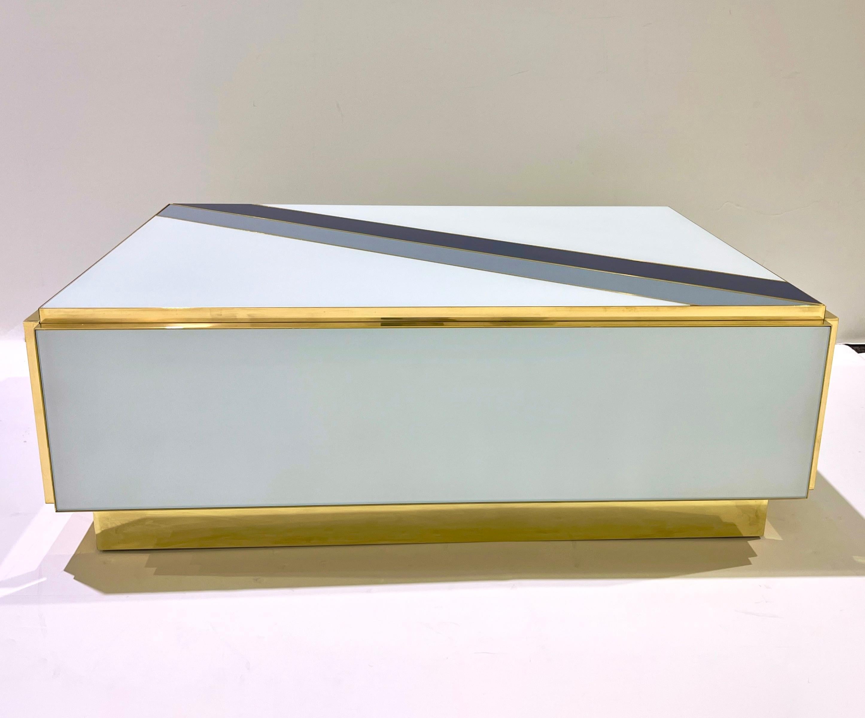 Table basse à 2 tiroirs en verre blanc strié Blue Design italien sur mesure en vente 4