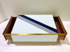 Custom Italian Art Design 2-Drawer Grey Blue Stripe White Glass Low Coffee Table