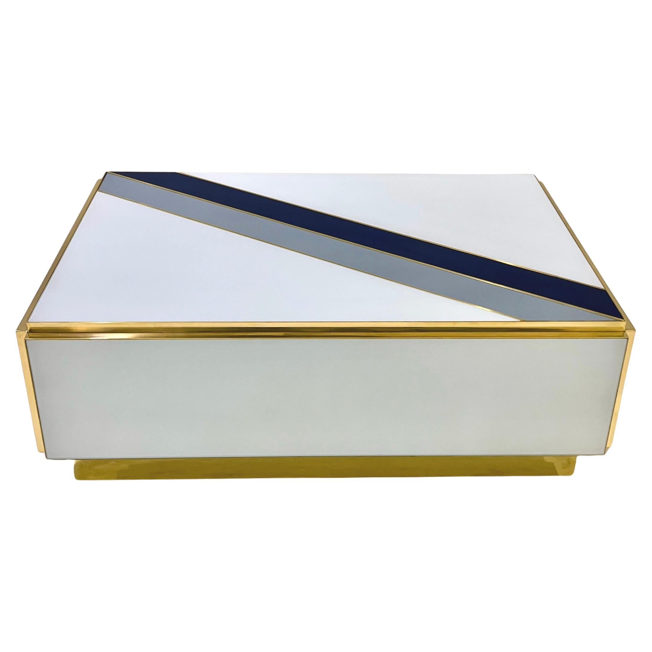 Table basse à 2 tiroirs en verre blanc strié Blue Design italien sur mesure en vente