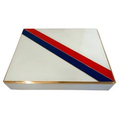 Custom Italian Art Design 2-Drawer Red Blue Stripe White Glass Low Coffee Table