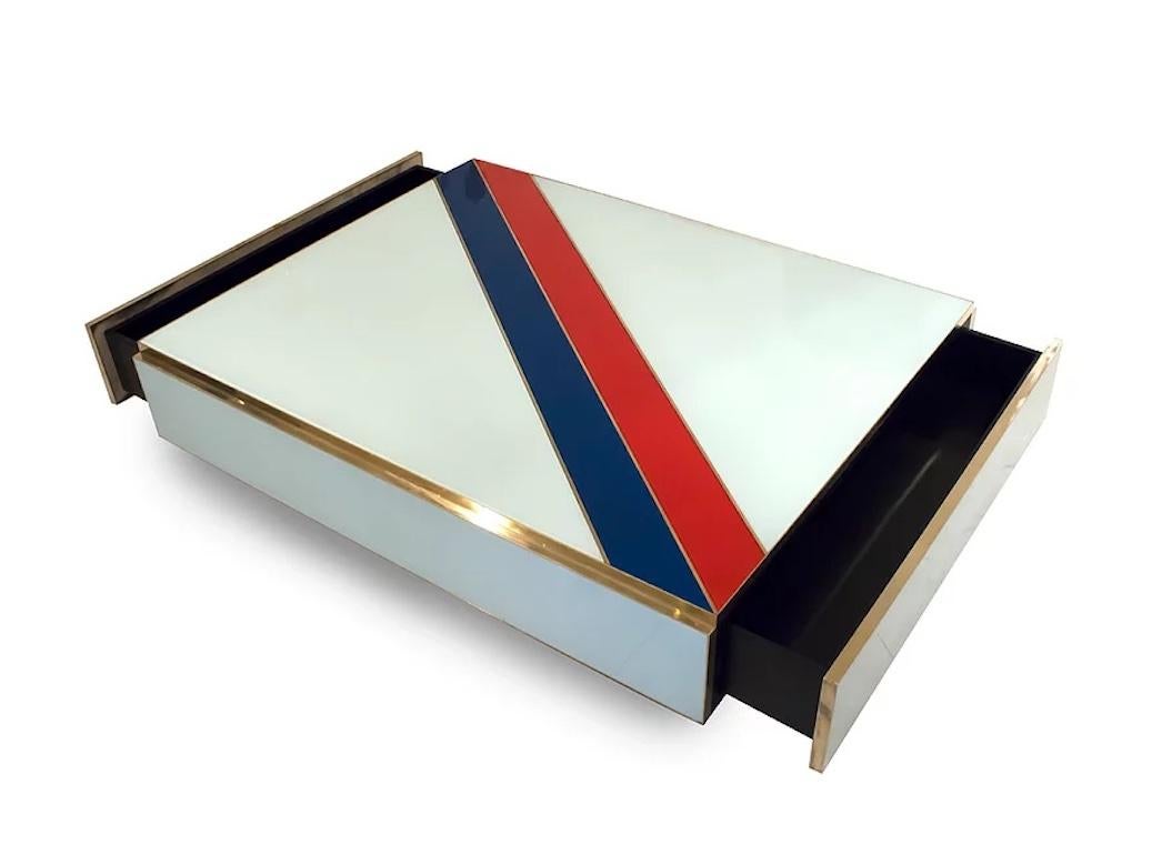 Organic Modern Custom Italian Art Design 2-Drawer Red Blue Stripe White Glass Low Coffee Table For Sale