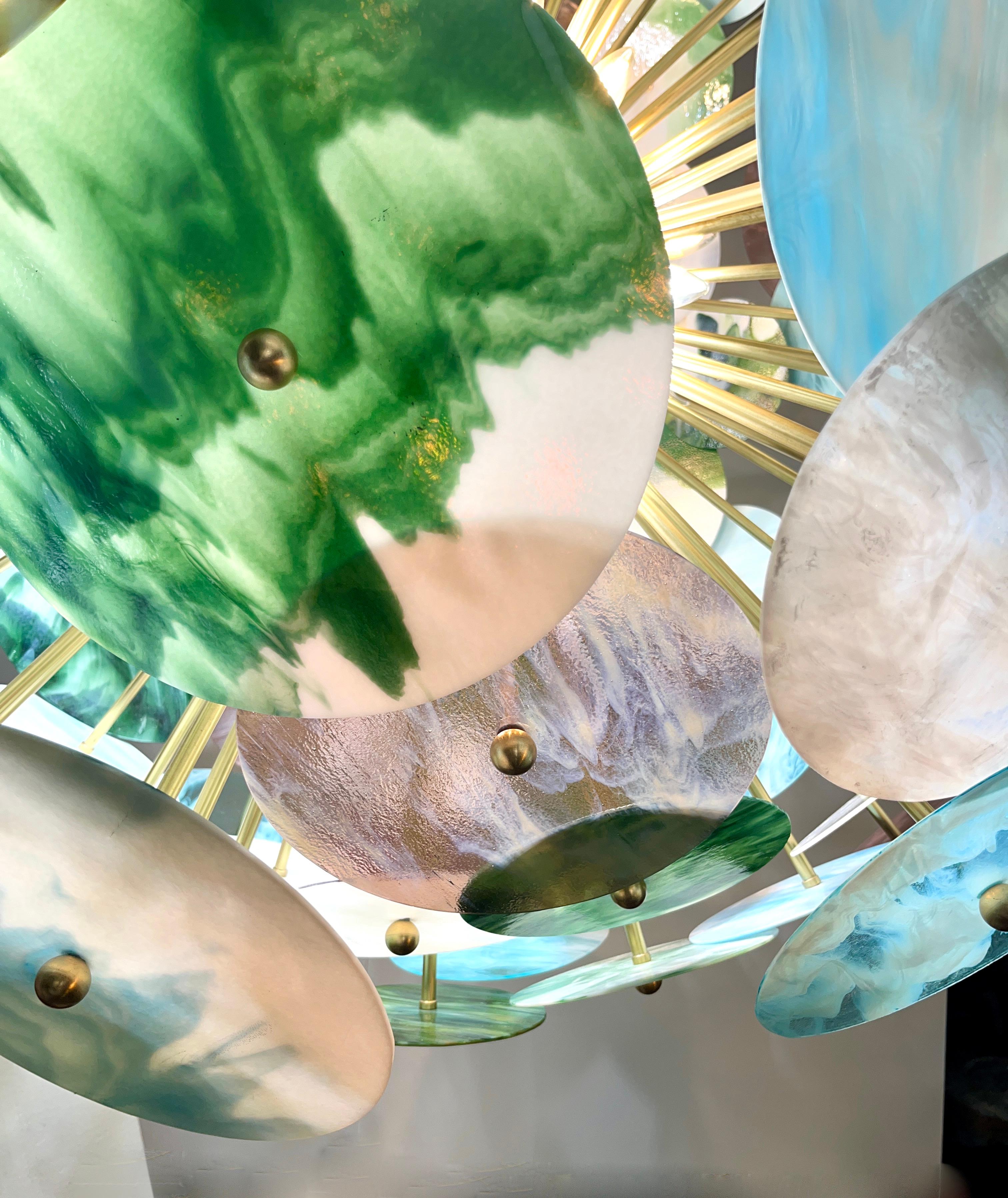 Custom Italian Blue Pink Pastel Murano Glass Round Brass Sputnik Chandelier For Sale 6