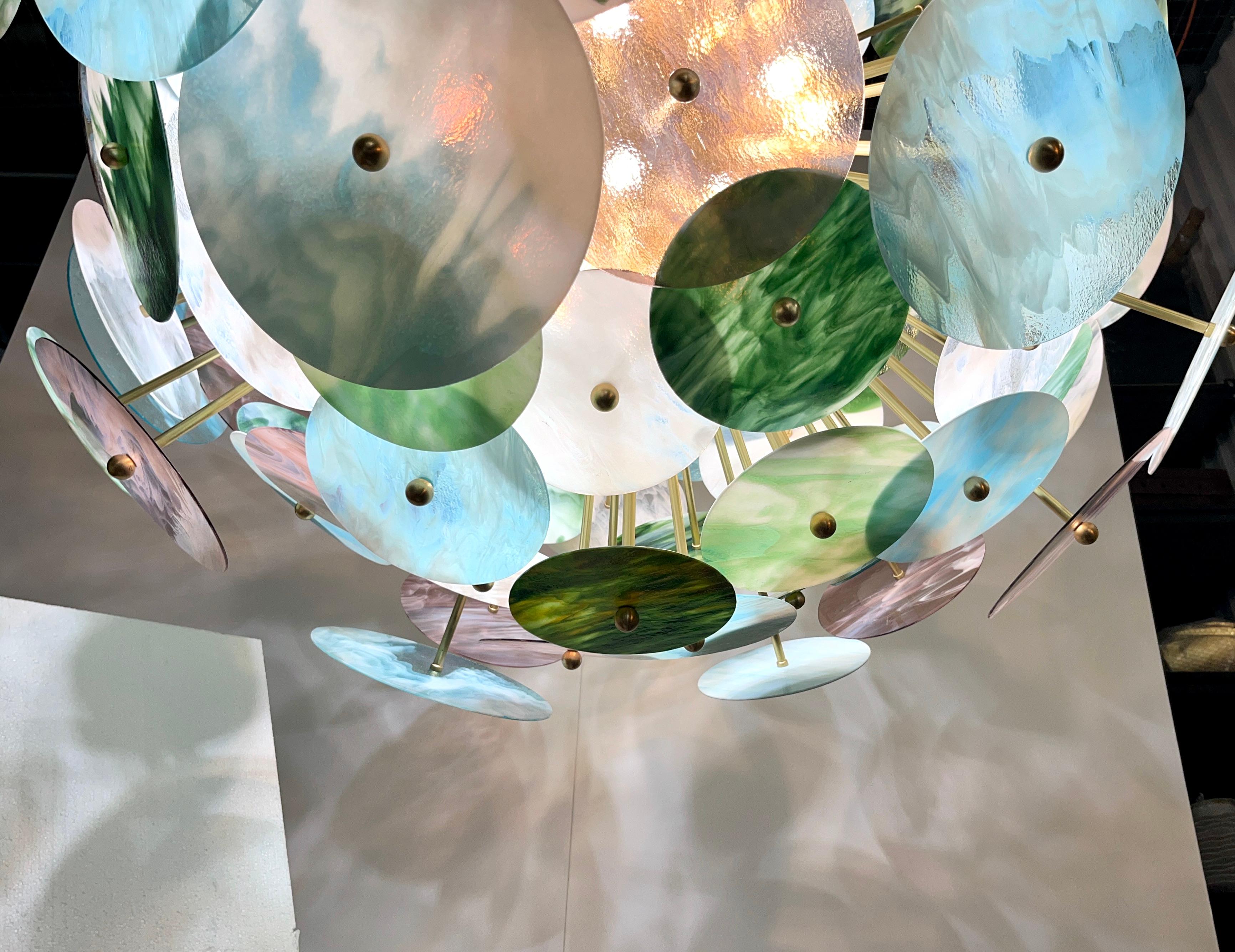 Custom Italian Blue Pink Pastel Murano Glass Round Brass Sputnik Chandelier For Sale 7