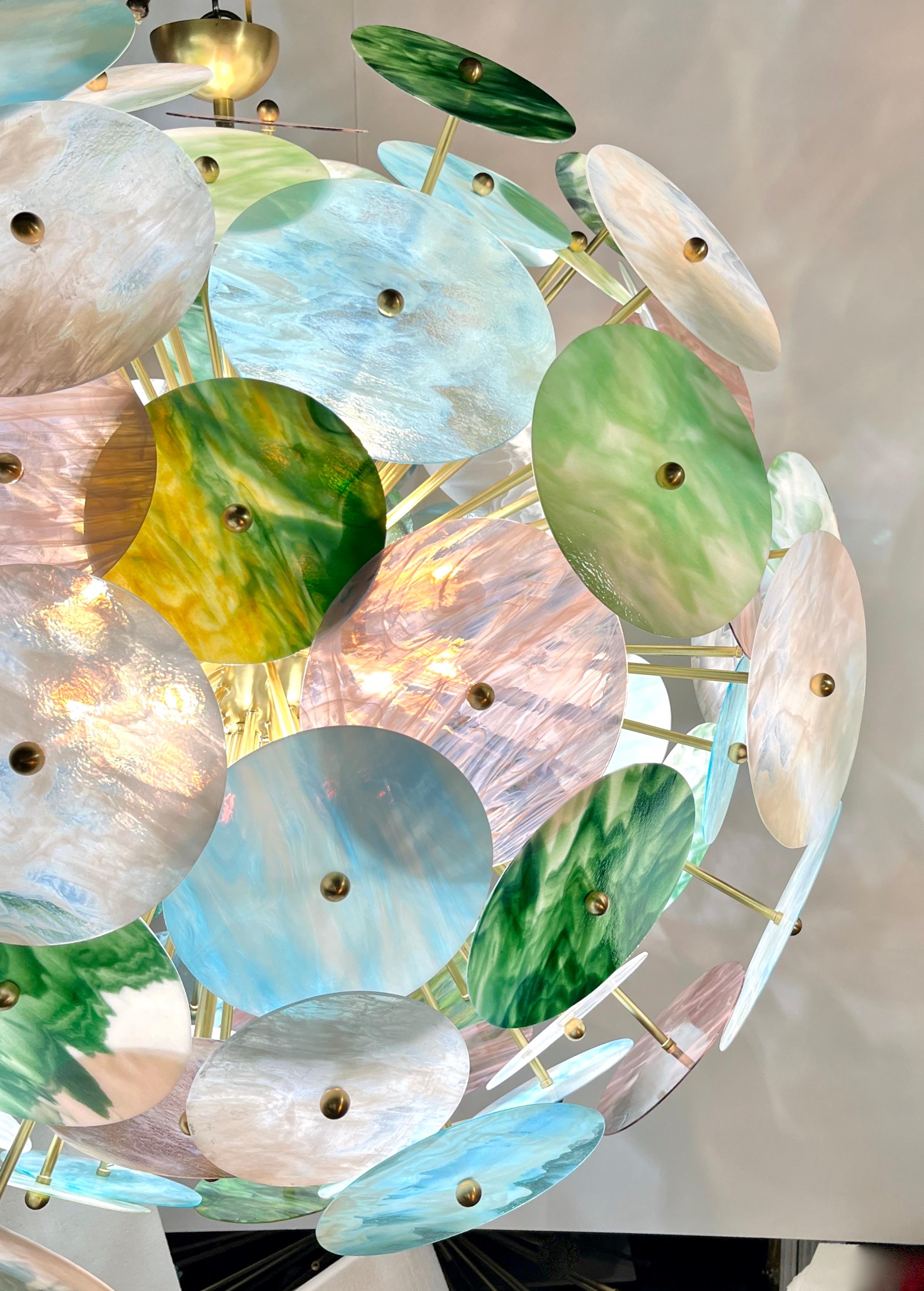 Custom Italian Blue Pink Pastel Murano Glass Round Brass Sputnik Chandelier For Sale 8