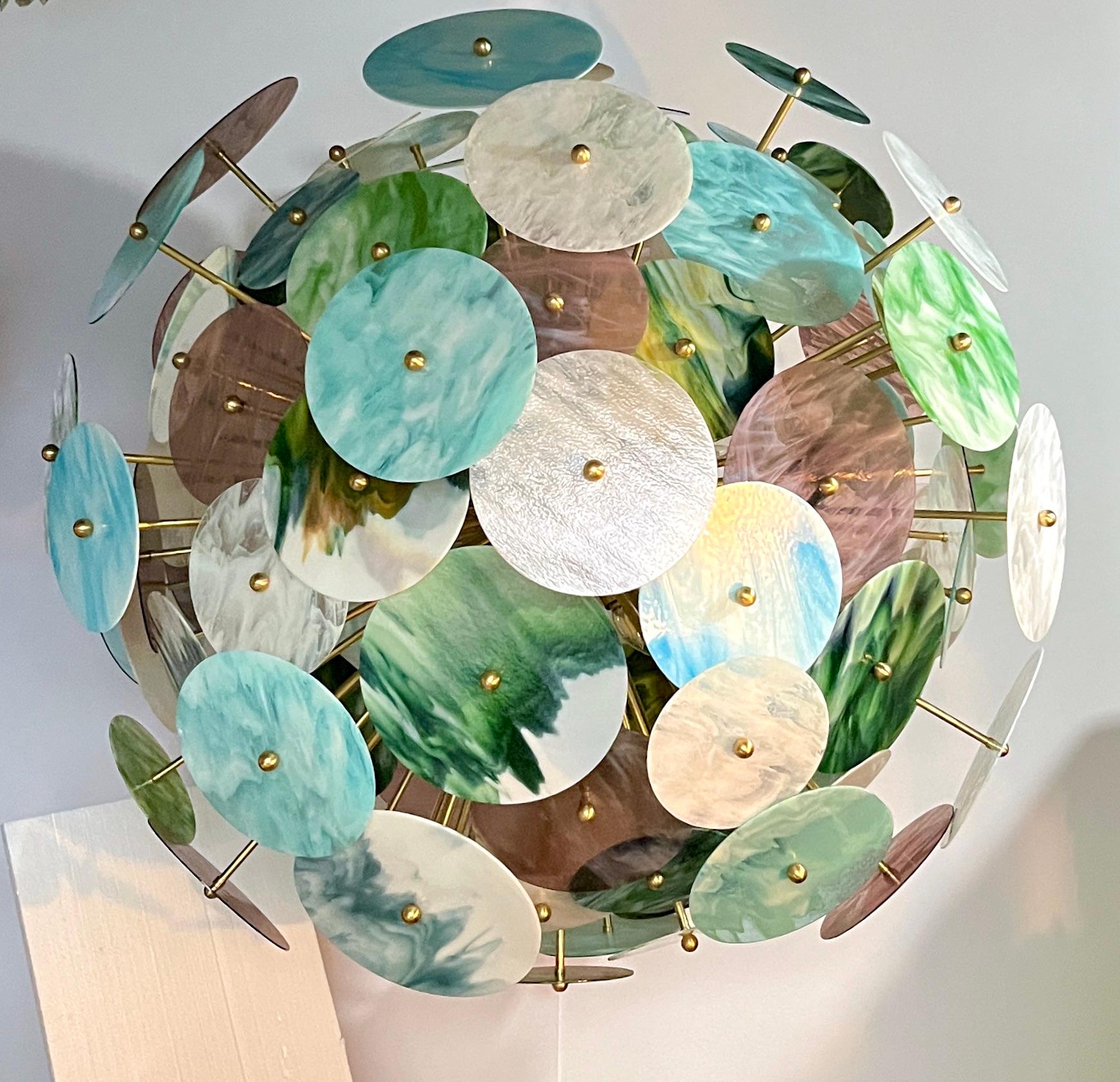 Custom Italian Blue Pink Pastel Murano Glass Round Brass Sputnik Chandelier For Sale 9