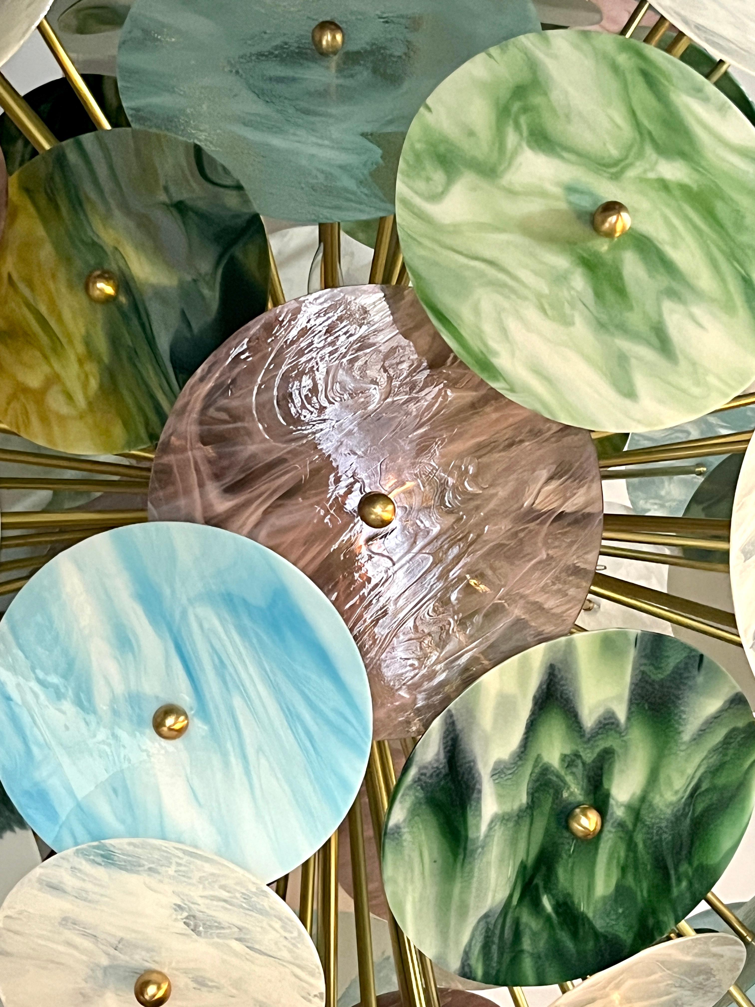 Custom Italian Blue Pink Pastel Murano Glass Round Brass Sputnik Chandelier For Sale 10