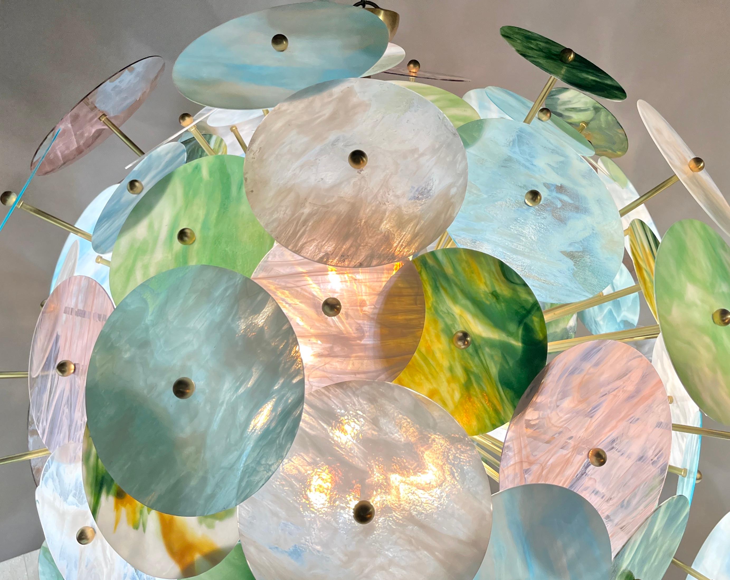 Organic Modern Custom Italian Blue Pink Pastel Murano Glass Round Brass Sputnik Chandelier For Sale