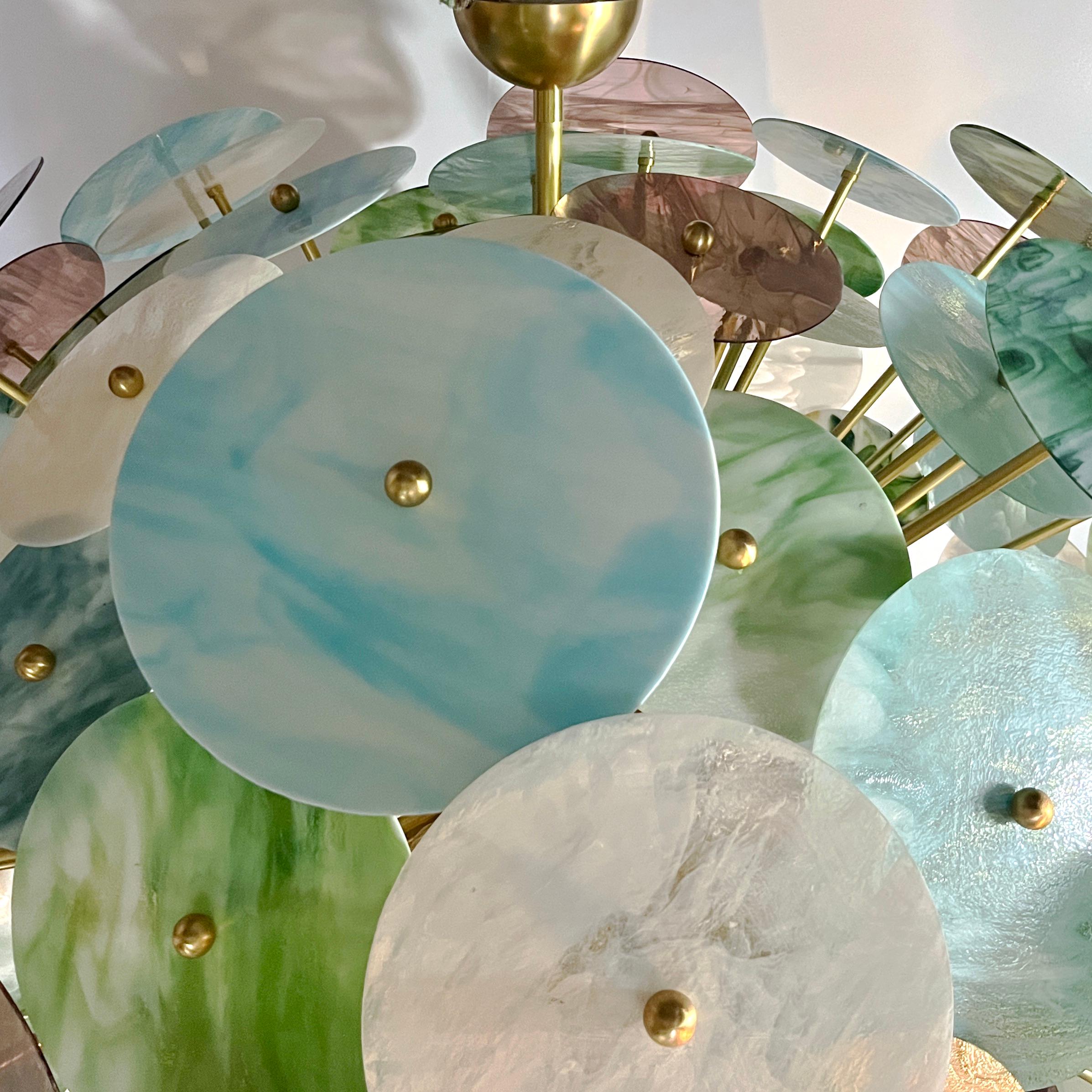 Hand-Crafted Custom Italian Blue Pink Pastel Murano Glass Round Brass Sputnik Chandelier For Sale