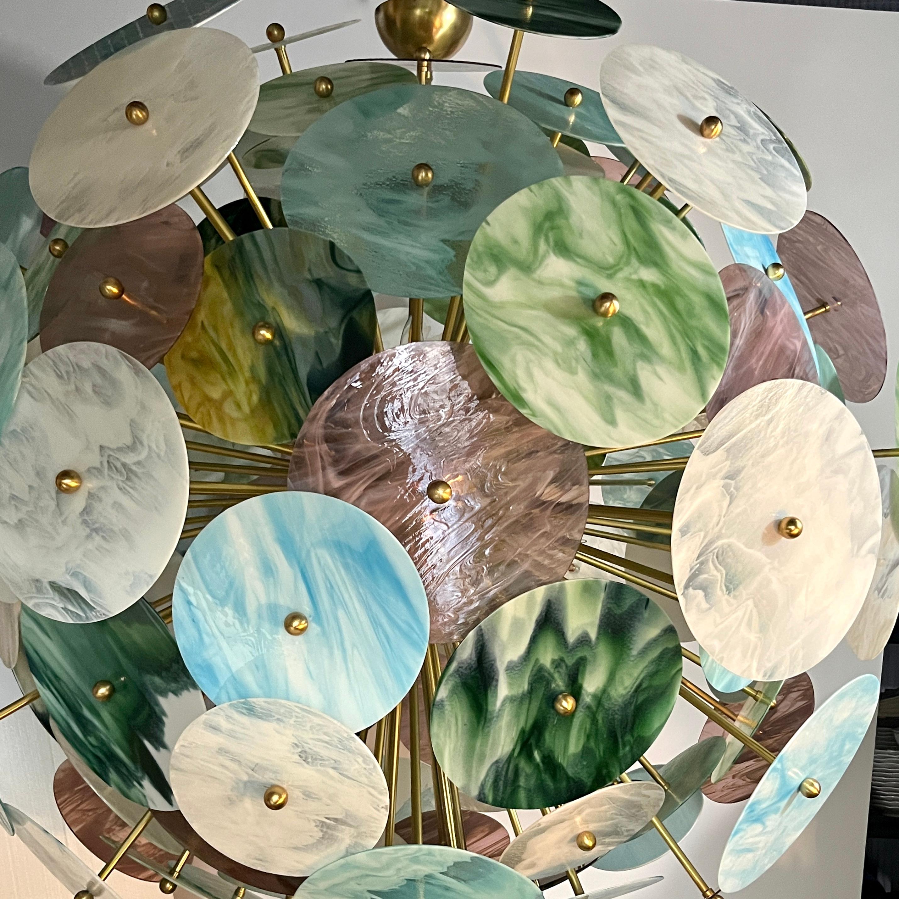 Contemporary Custom Italian Blue Pink Pastel Murano Glass Round Brass Sputnik Chandelier For Sale