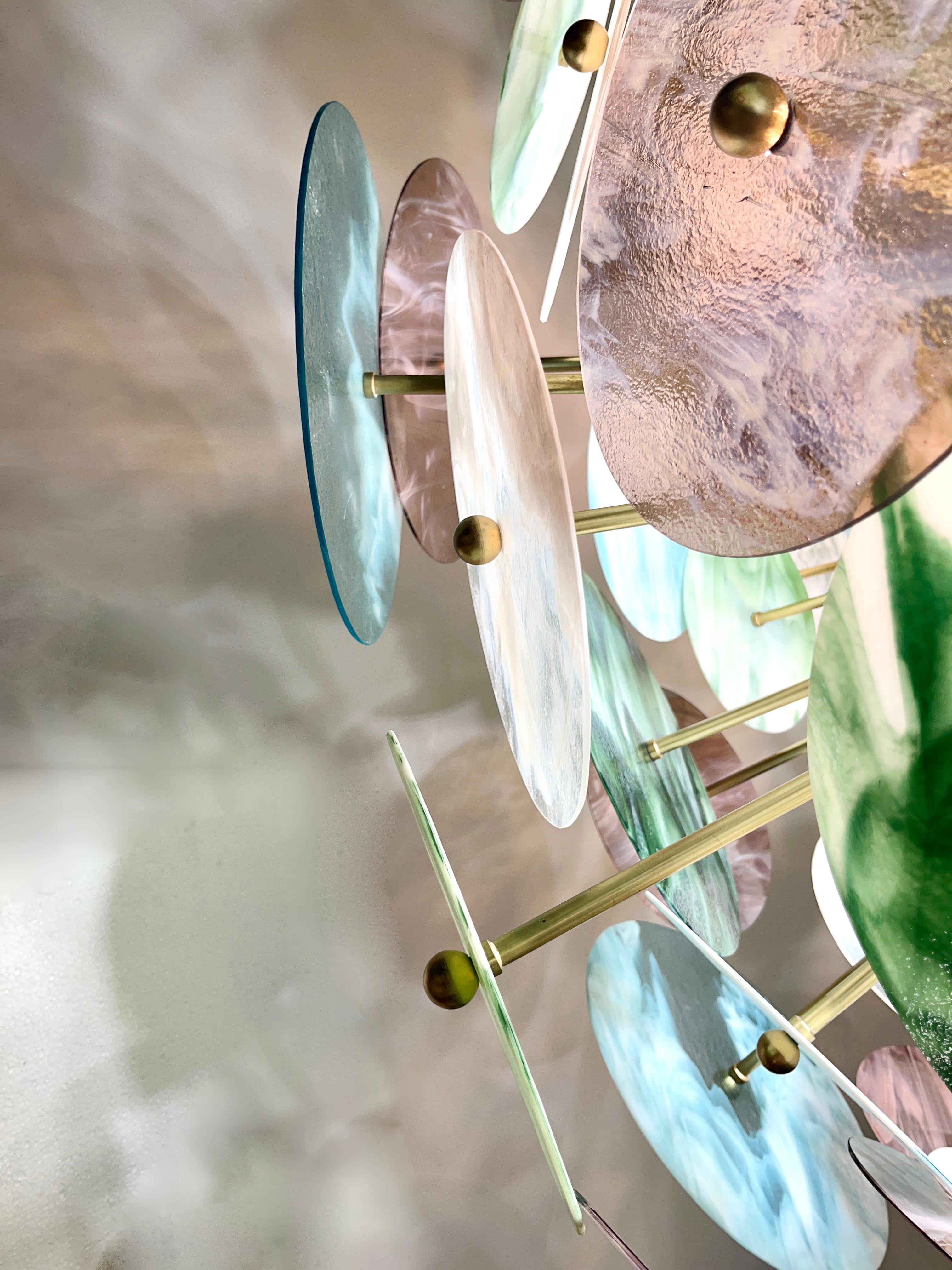 Custom Italian Blue Pink Pastel Murano Glass Round Brass Sputnik Chandelier For Sale 1
