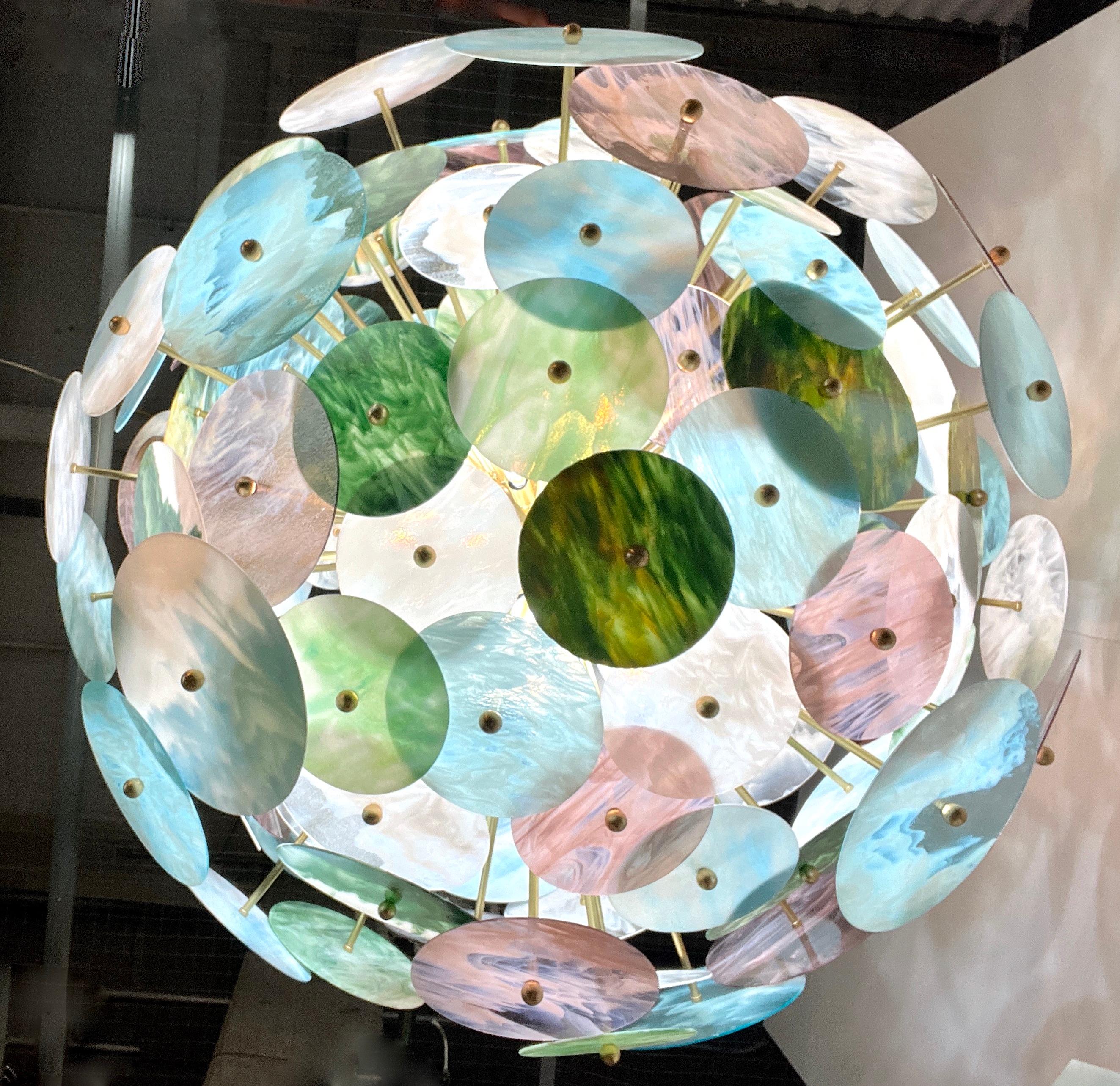 Custom Italian Blue Pink Pastel Murano Glass Round Brass Sputnik Chandelier For Sale 2