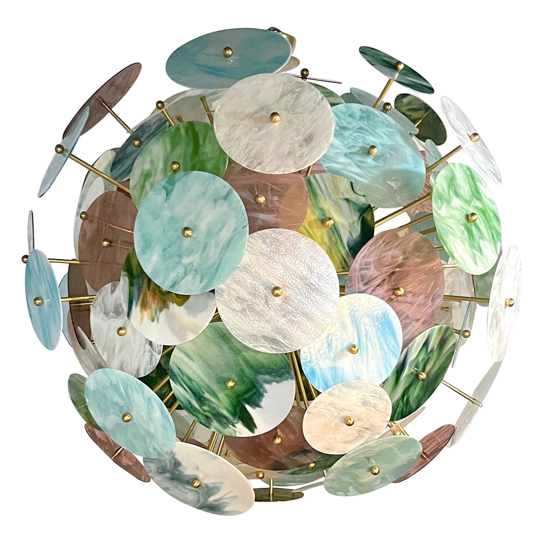 Custom Italian Blue Pink Pastel Murano Glass Round Brass Sputnik Chandelier For Sale