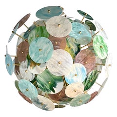 Custom Italian Blue Pink Pastel Murano Glass Round Brass Sputnik Chandelier