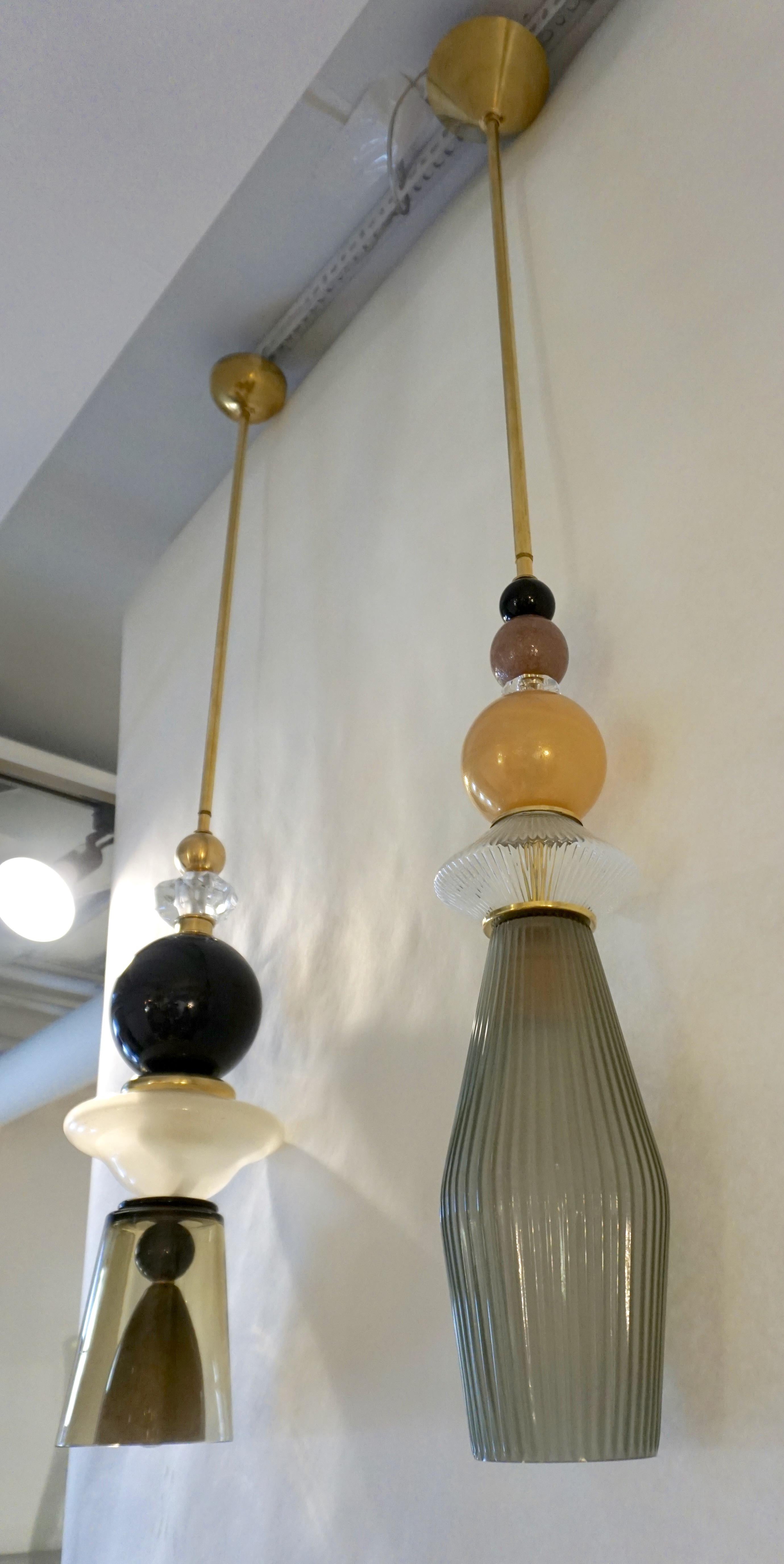 Custom Italian Crystal Gold Black Gray Green Murano Glass Brass Pendant Light For Sale 4
