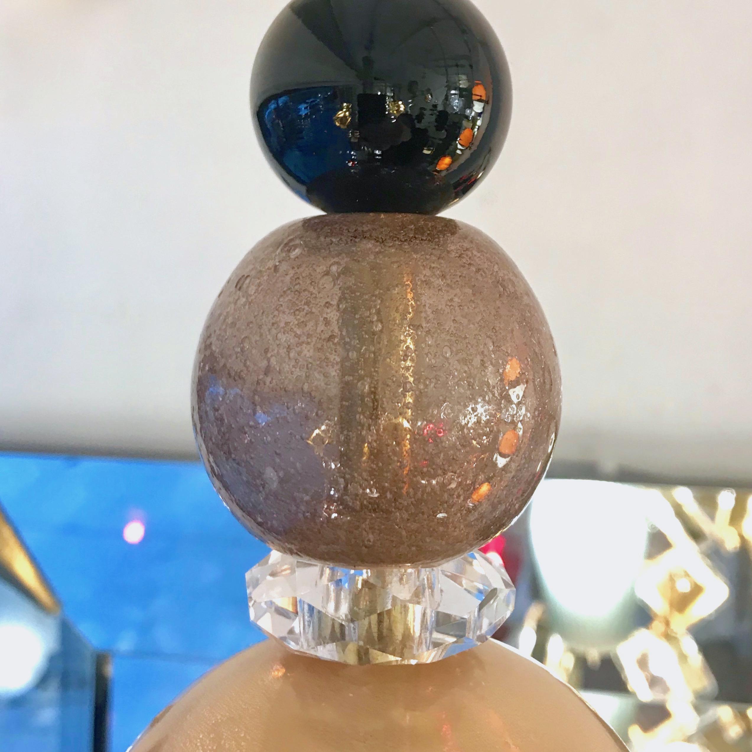 Custom Italian Crystal Gold Black Gray Green Murano Glass Brass Pendant Light For Sale 7