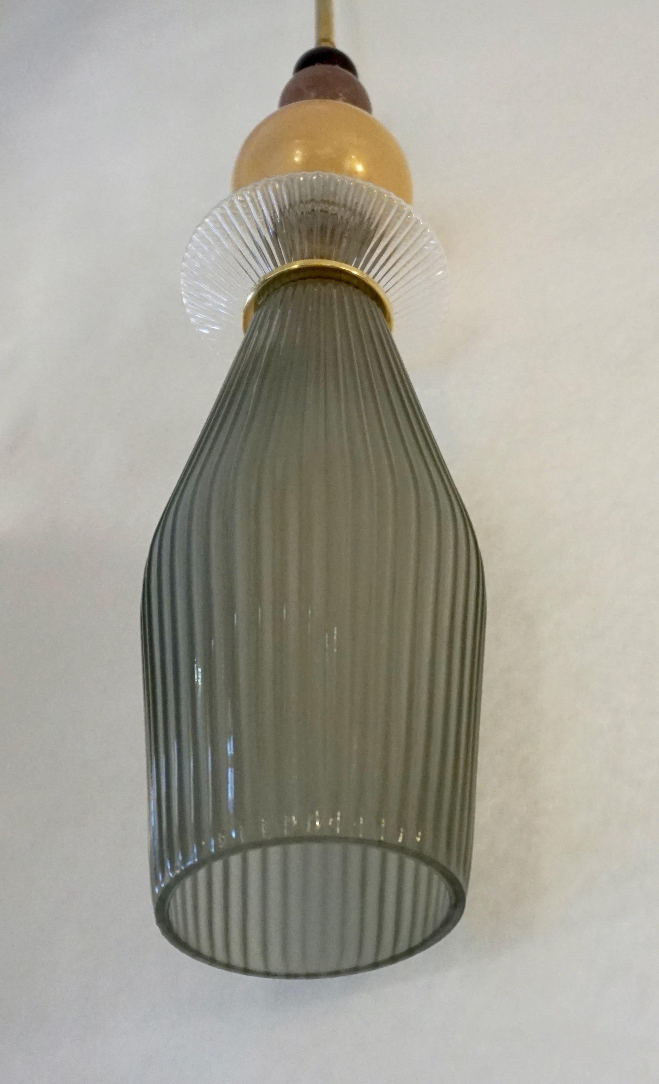 Custom Italian Crystal Gold Black Gray Green Murano Glass Brass Pendant Light For Sale 8