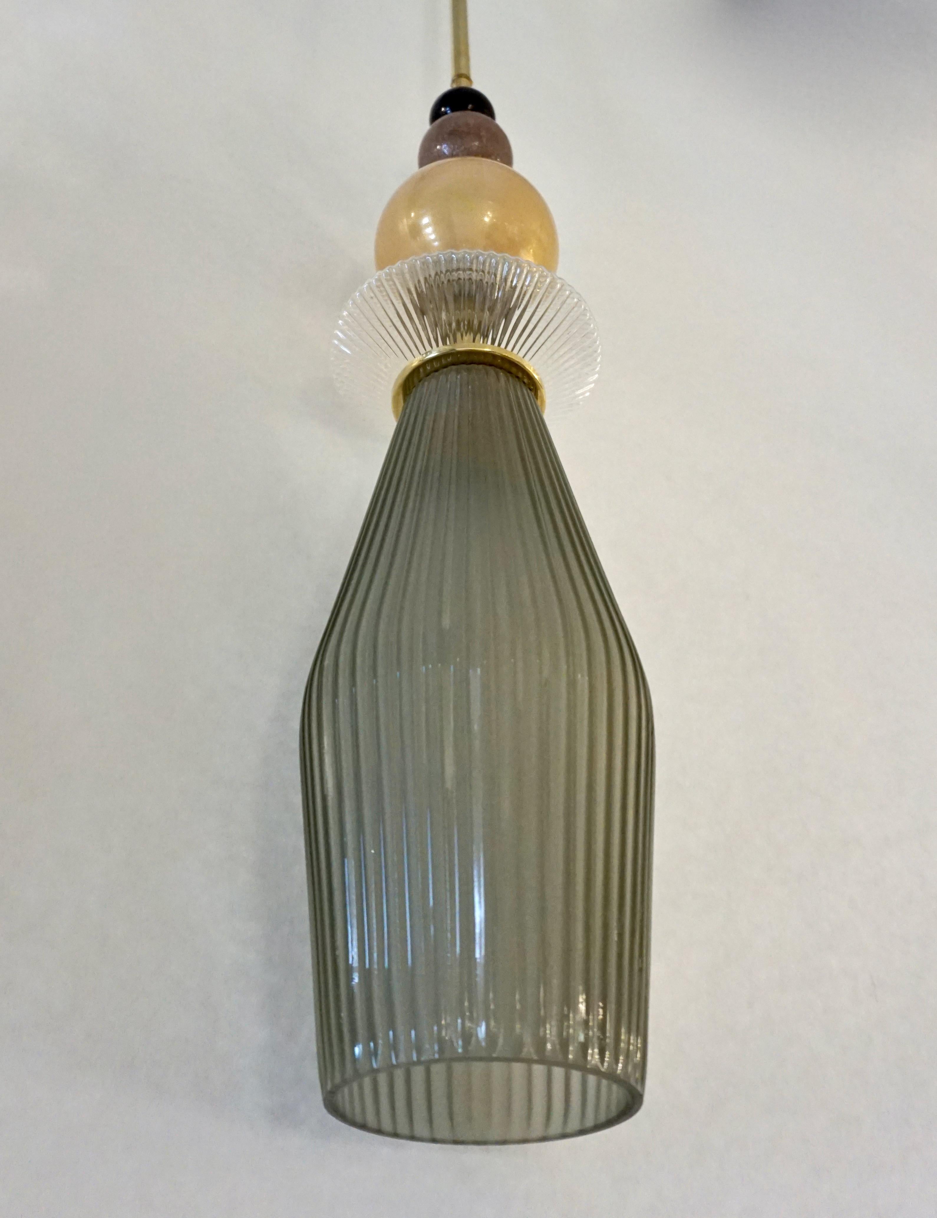 Custom Italian Crystal Gold Black Gray Green Murano Glass Brass Pendant Light In New Condition For Sale In New York, NY