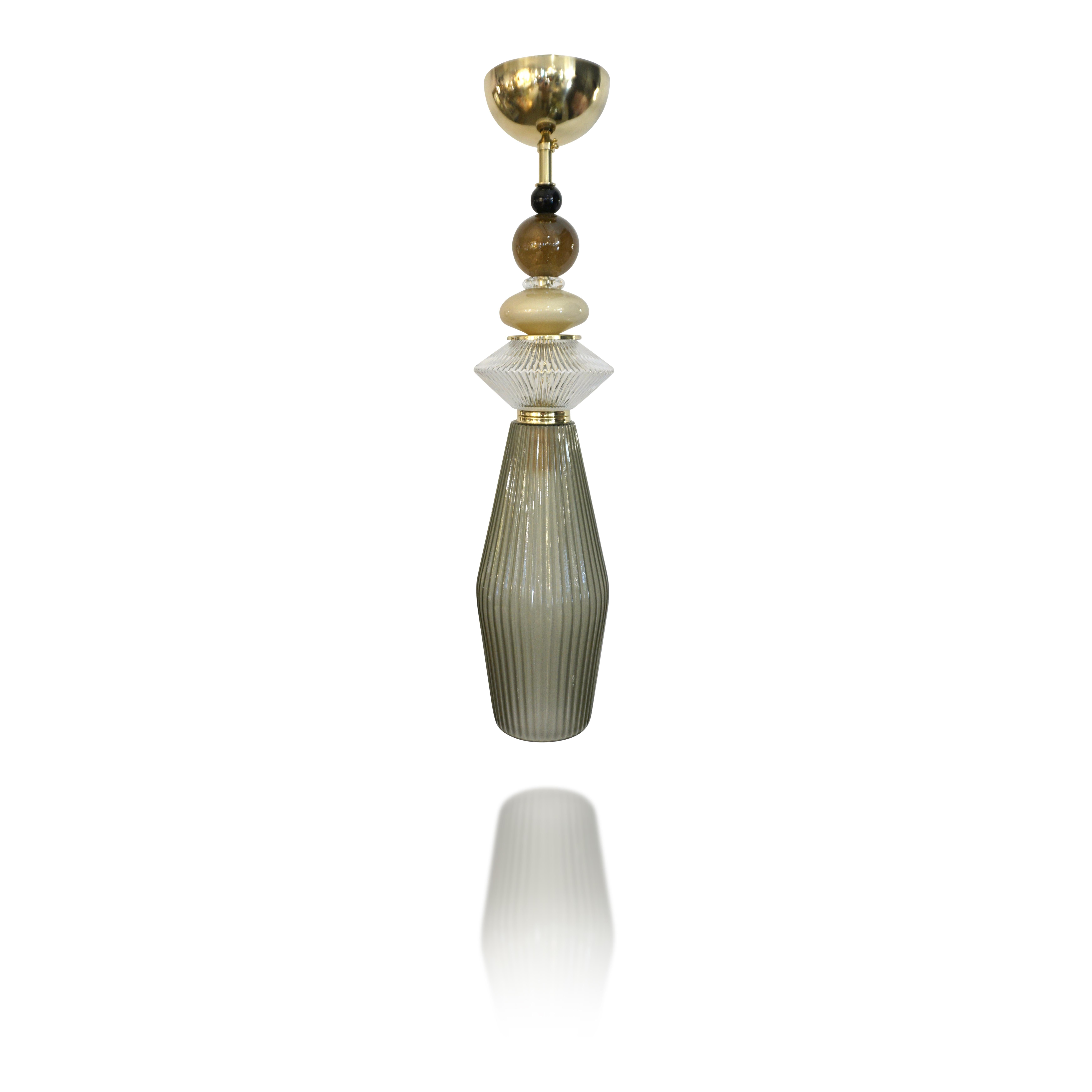 Custom Italian Crystal Gold Black Gray Green Murano Glass Brass Pendant Light For Sale 2