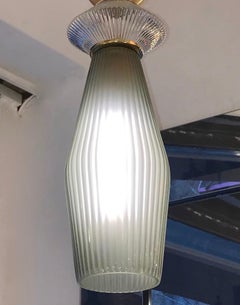 Custom Italian Crystal Gold and Gray Green Murano Glass Pair of Pendant Lights