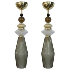 Pareja de lámparas colgantes de cristal italiano de Murano dorado y gris verdoso a medida