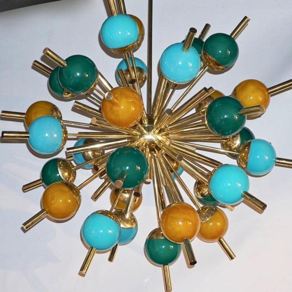 Mid-Century Modern Custom Italian Green Turquoise Gold Murano Glass Brass Sputnik Globe Chandelier