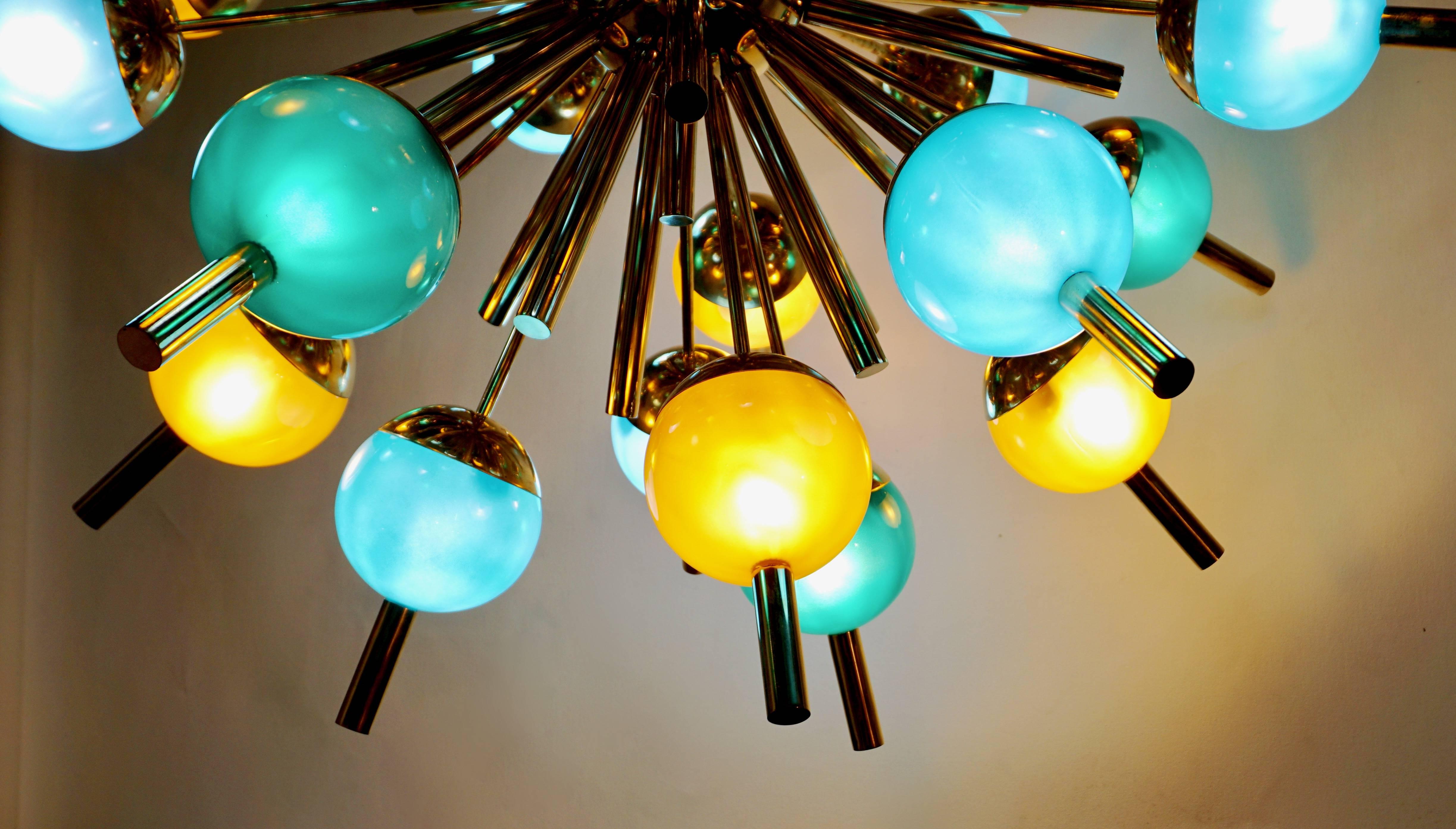 Hand-Crafted Custom Italian Green Turquoise Gold Murano Glass Brass Sputnik Globe Chandelier For Sale