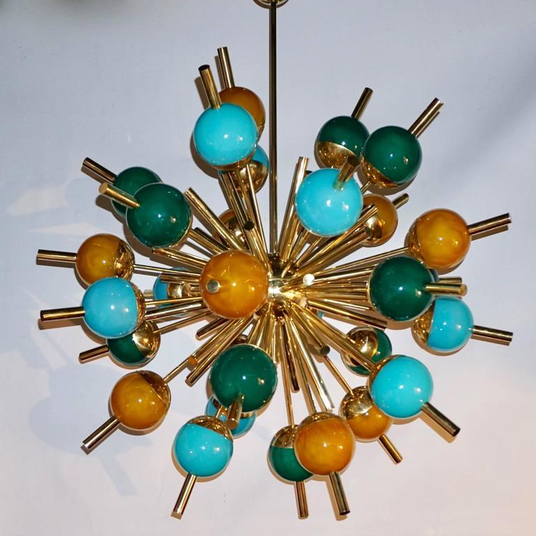 Custom Italian Green Turquoise Gold Murano Glass Brass Sputnik Globe Chandelier 1